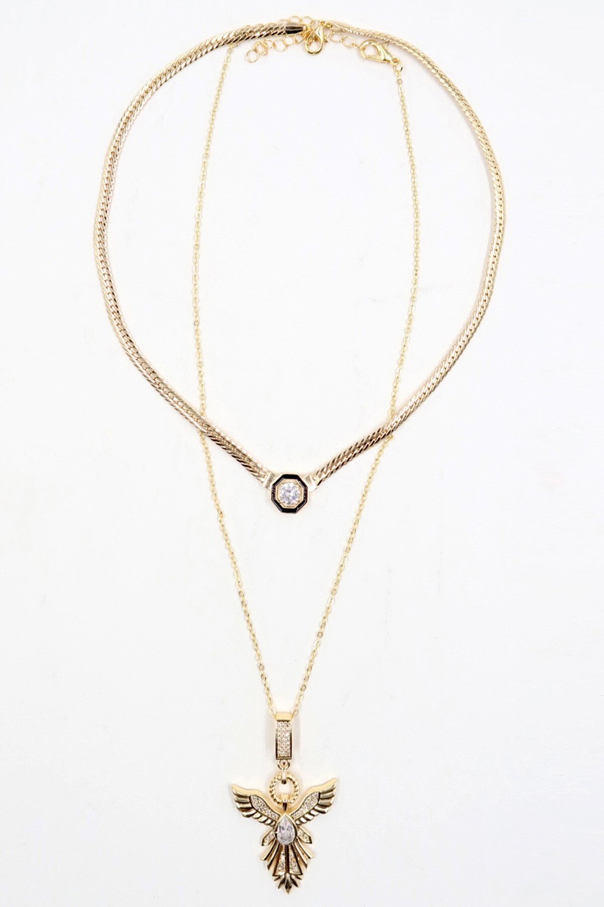 Gold Zirkon Taşlı İkili Zincir Kolye Seti