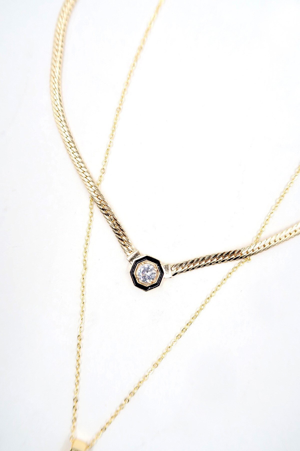 Gold Zirkon Taşlı İkili Zincir Kolye Seti