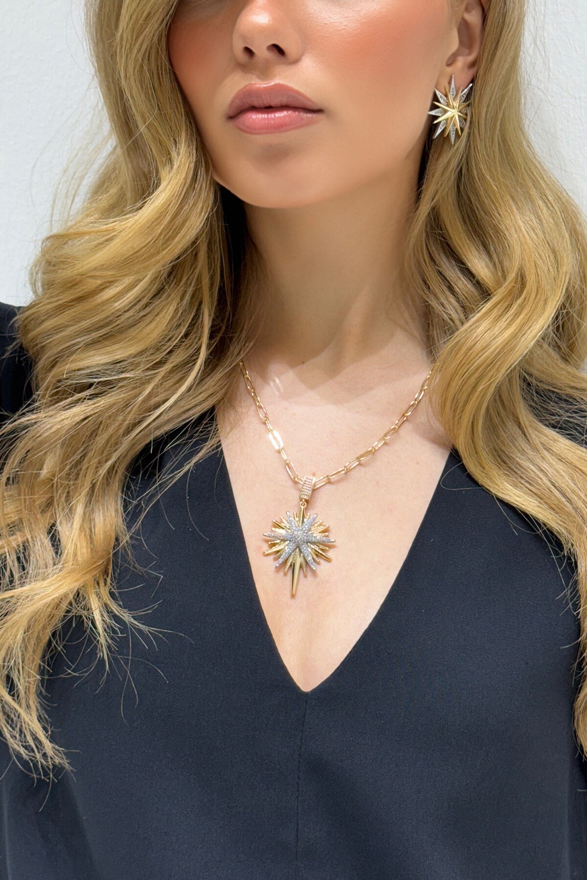 Gold Zirkon Taşlı Kutup Yıldızı Tasarımlı Kolye