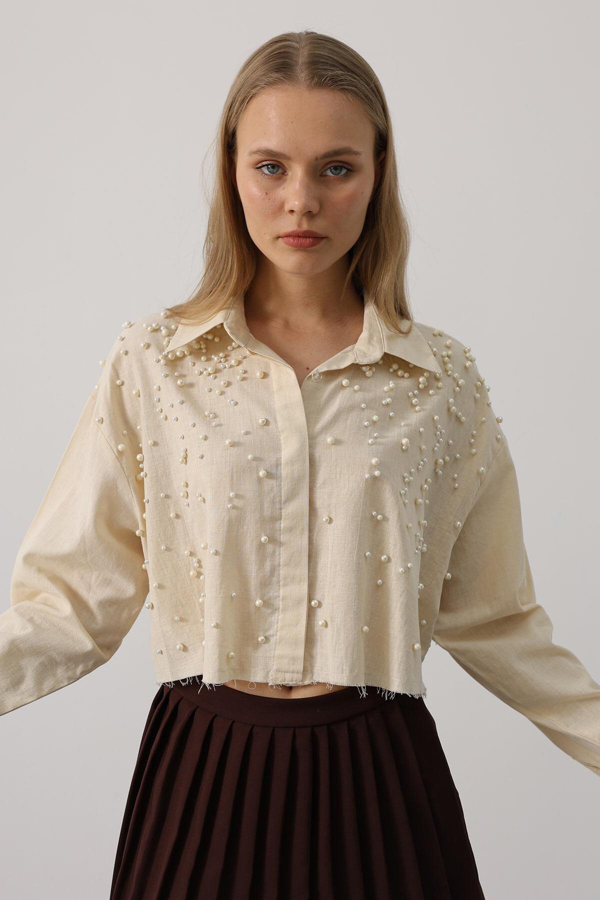 Taş Taş İşlemeli Crop Gömlek