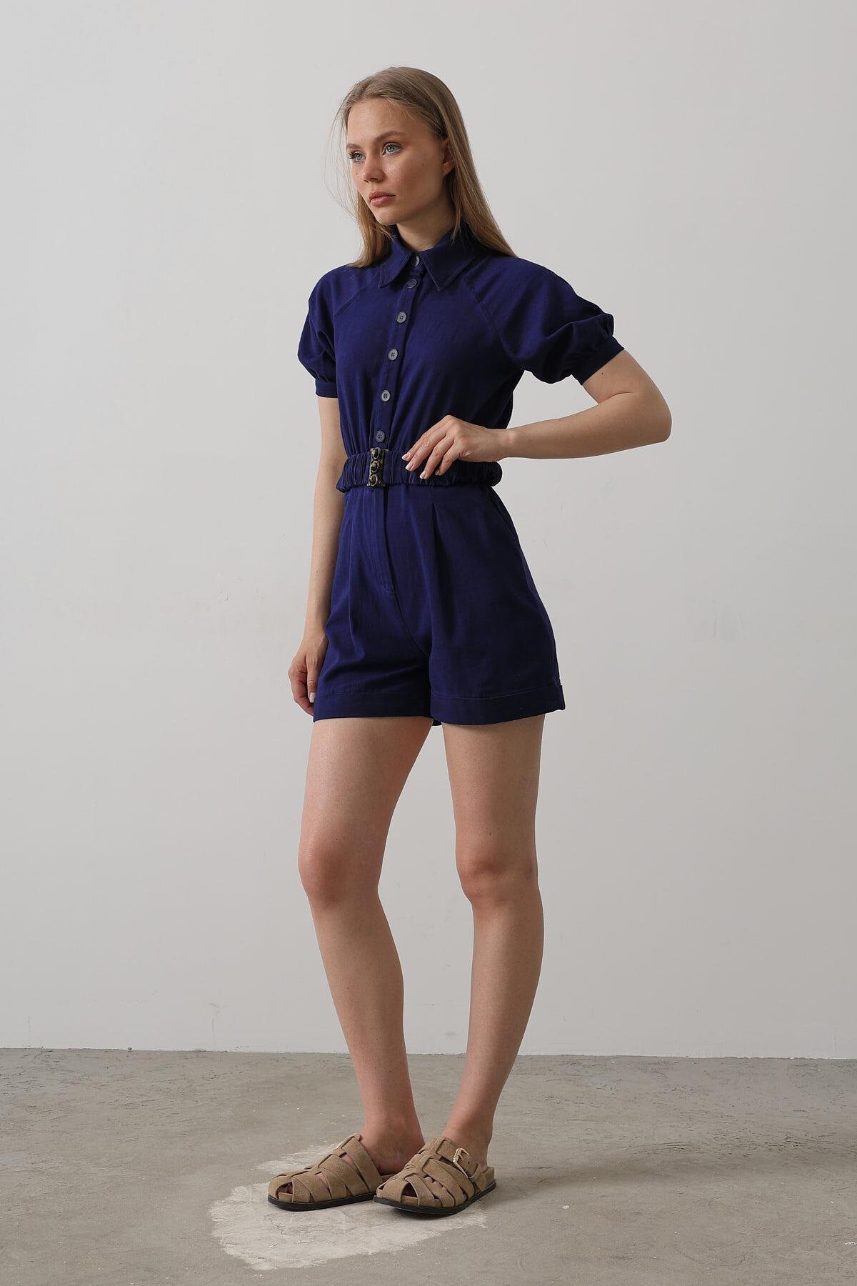 İndigo Gömlek Yaka Gabardin Tulum