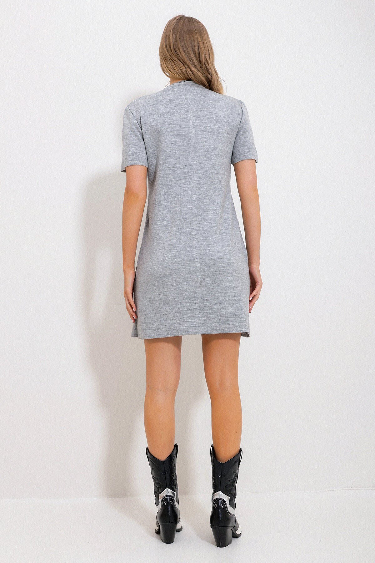 Gri Bisiklet Yaka Önü Çimalı Triko Elbise