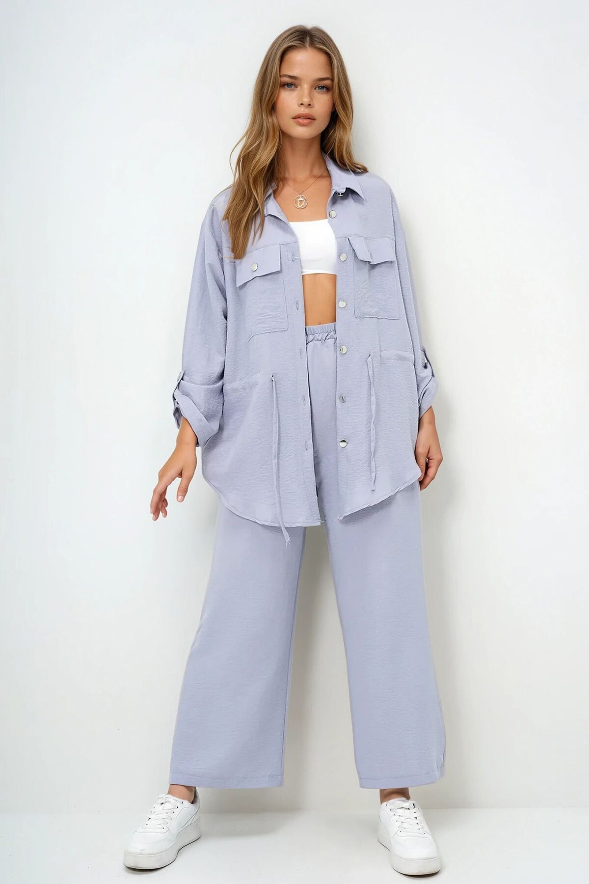 Gri Çift Cepli Safari Ceket Ve Beli Lastikli Wide Leg Aerobin Pantolonlu Takım