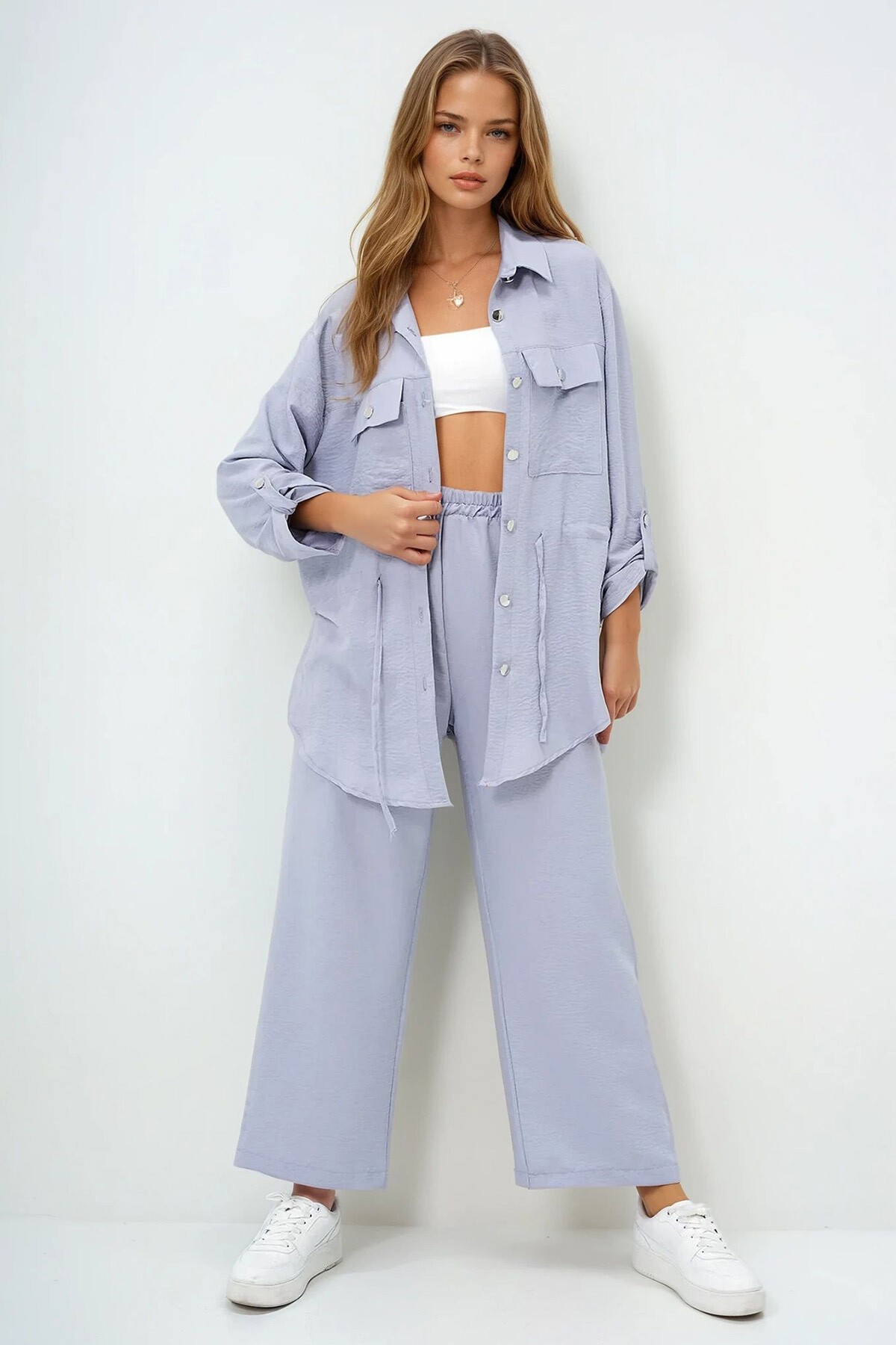 Gri Çift Cepli Safari Ceket Ve Beli Lastikli Wide Leg Aerobin Pantolonlu Takım