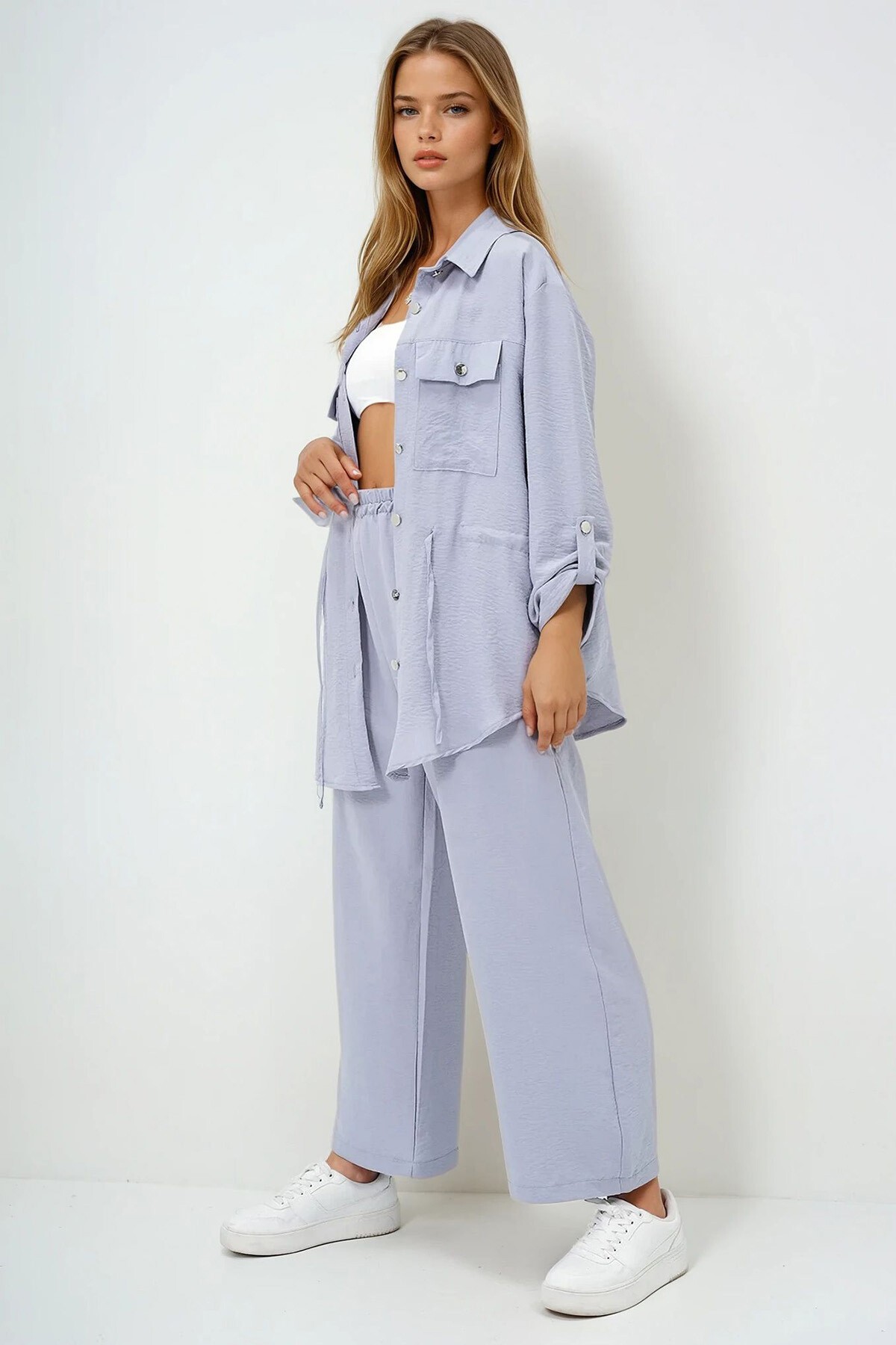 Gri Çift Cepli Safari Ceket Ve Beli Lastikli Wide Leg Aerobin Pantolonlu Takım