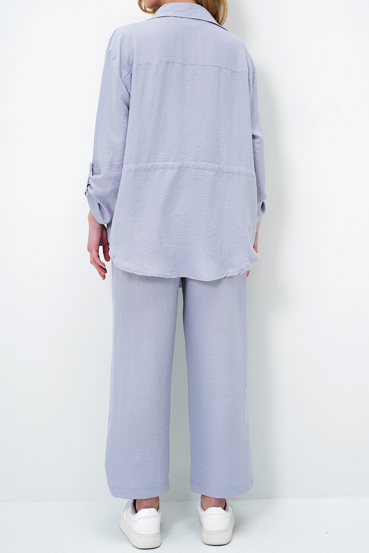 Gri Çift Cepli Safari Ceket Ve Beli Lastikli Wide Leg Aerobin Pantolonlu Takım