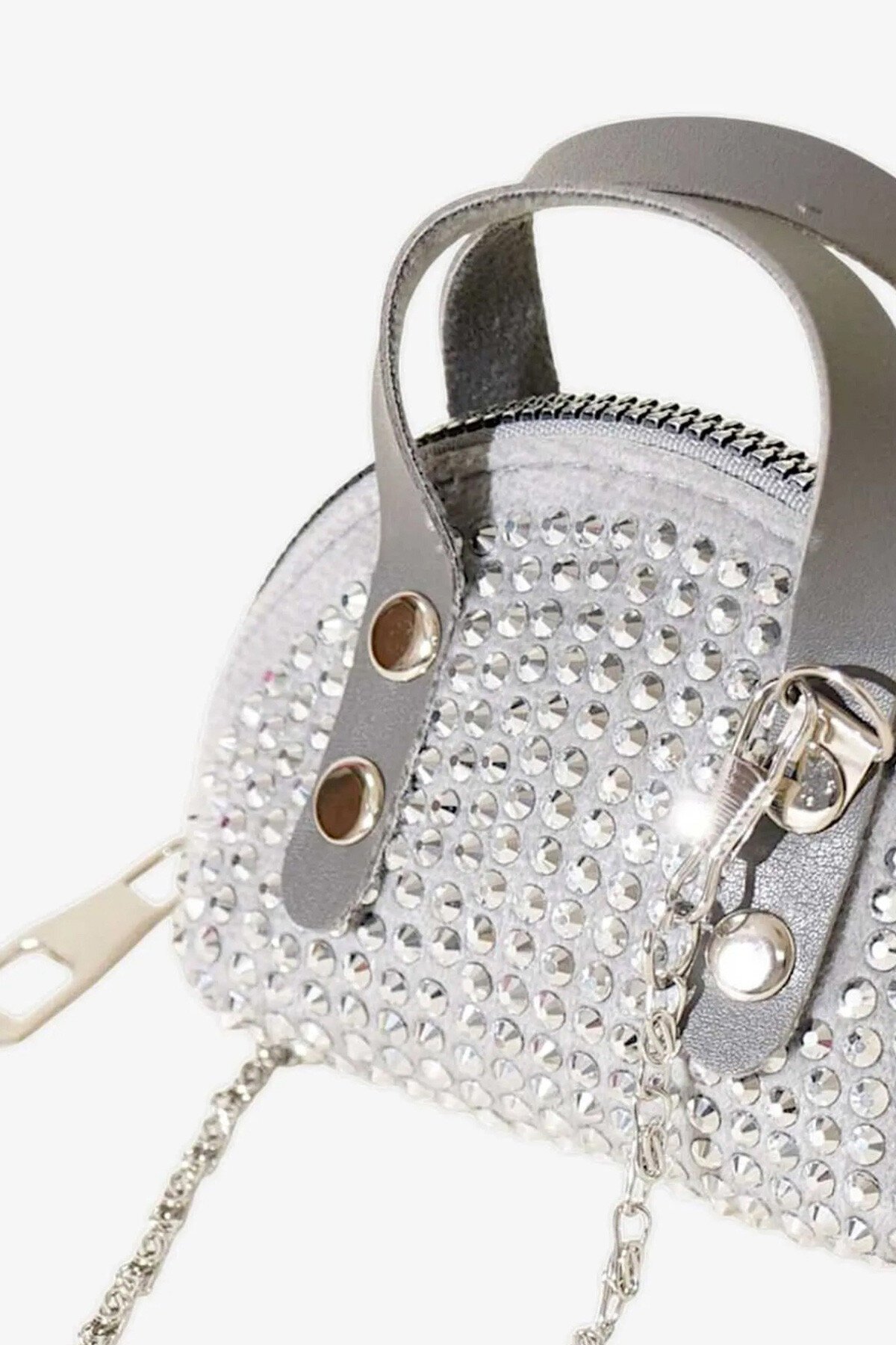 Gri Zinicr Askılı Taş İşlemeli Mini Çanta