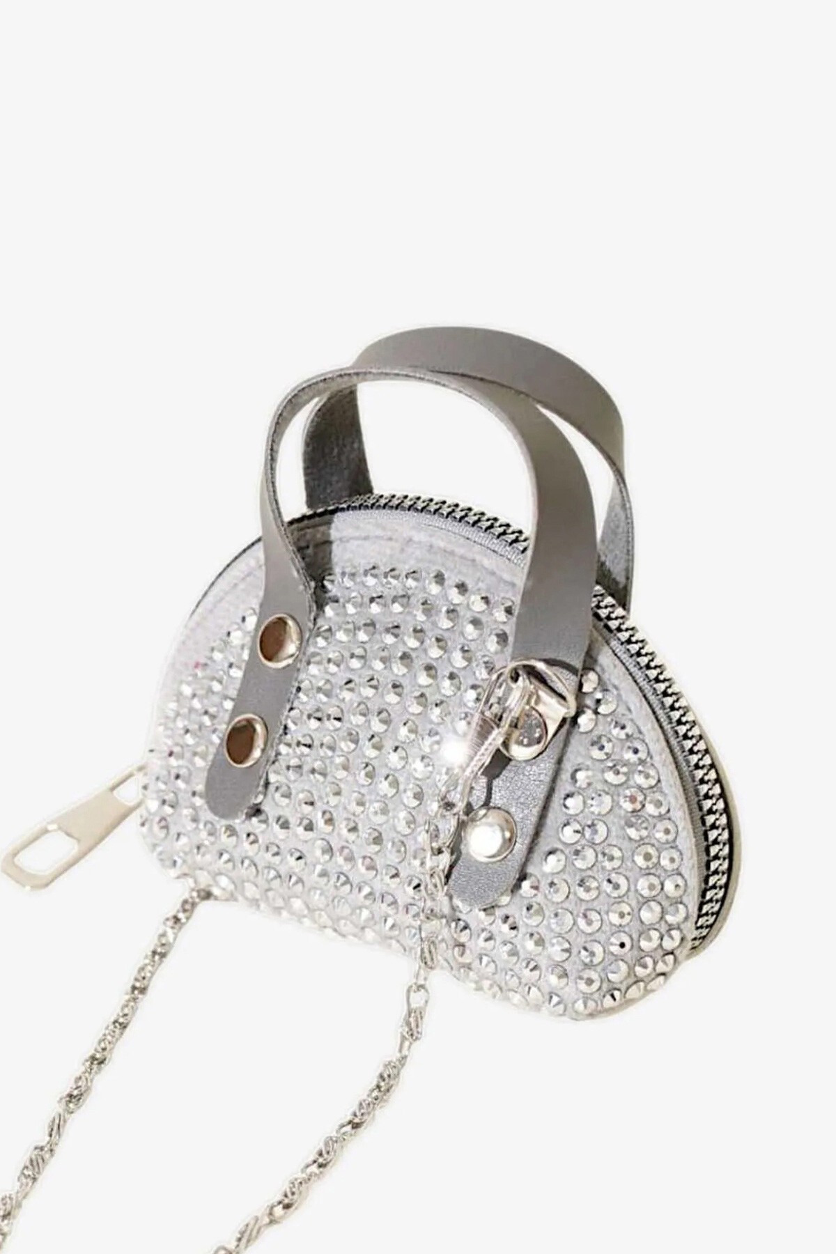 Gri Zinicr Askılı Taş İşlemeli Mini Çanta