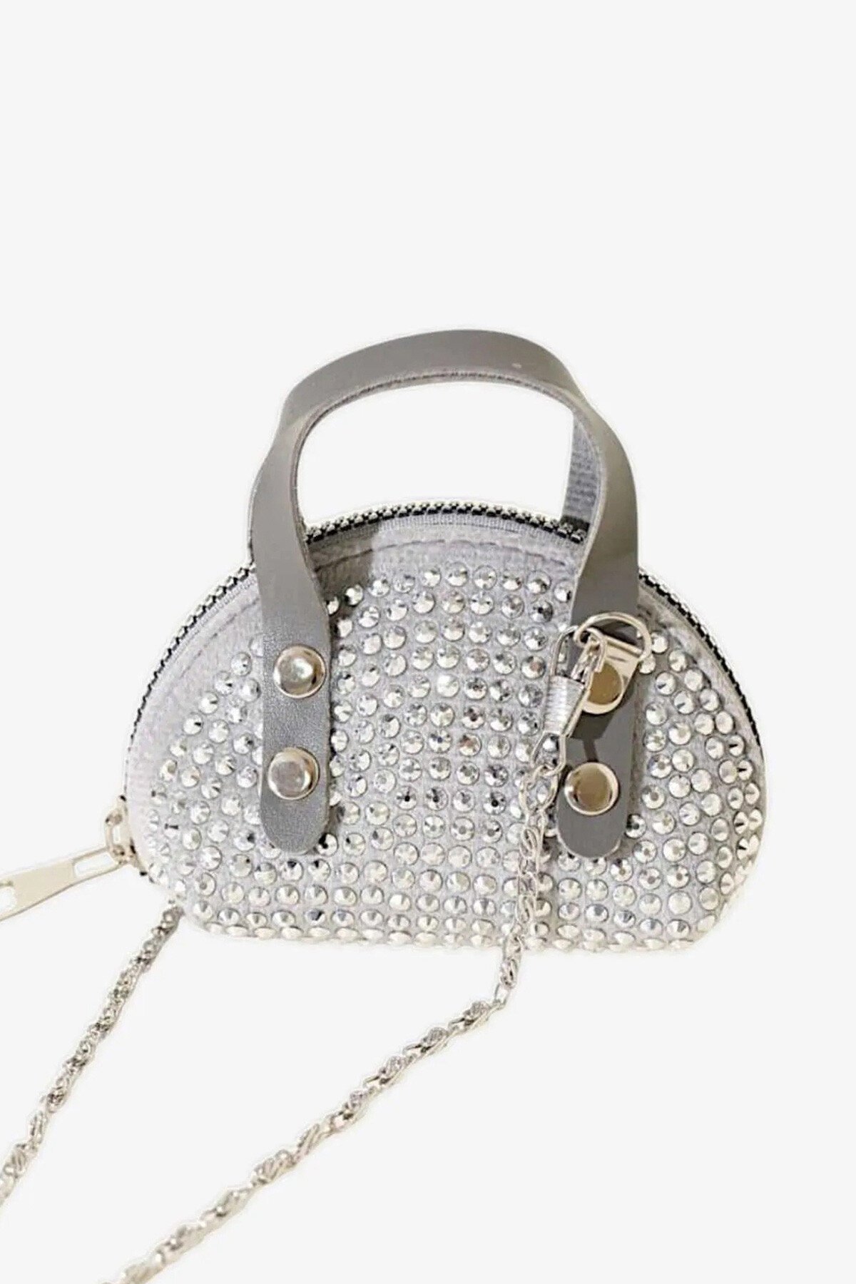 Gri Zinicr Askılı Taş İşlemeli Mini Çanta