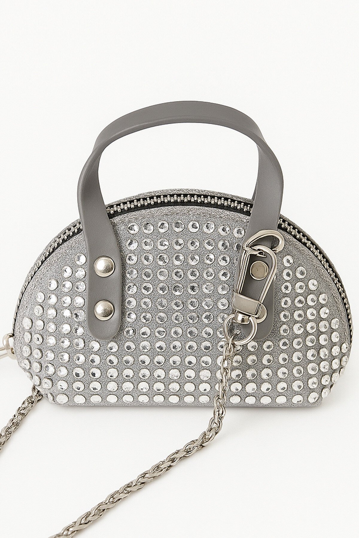 Gri Zinicr Askılı Taş İşlemeli Mini Çanta