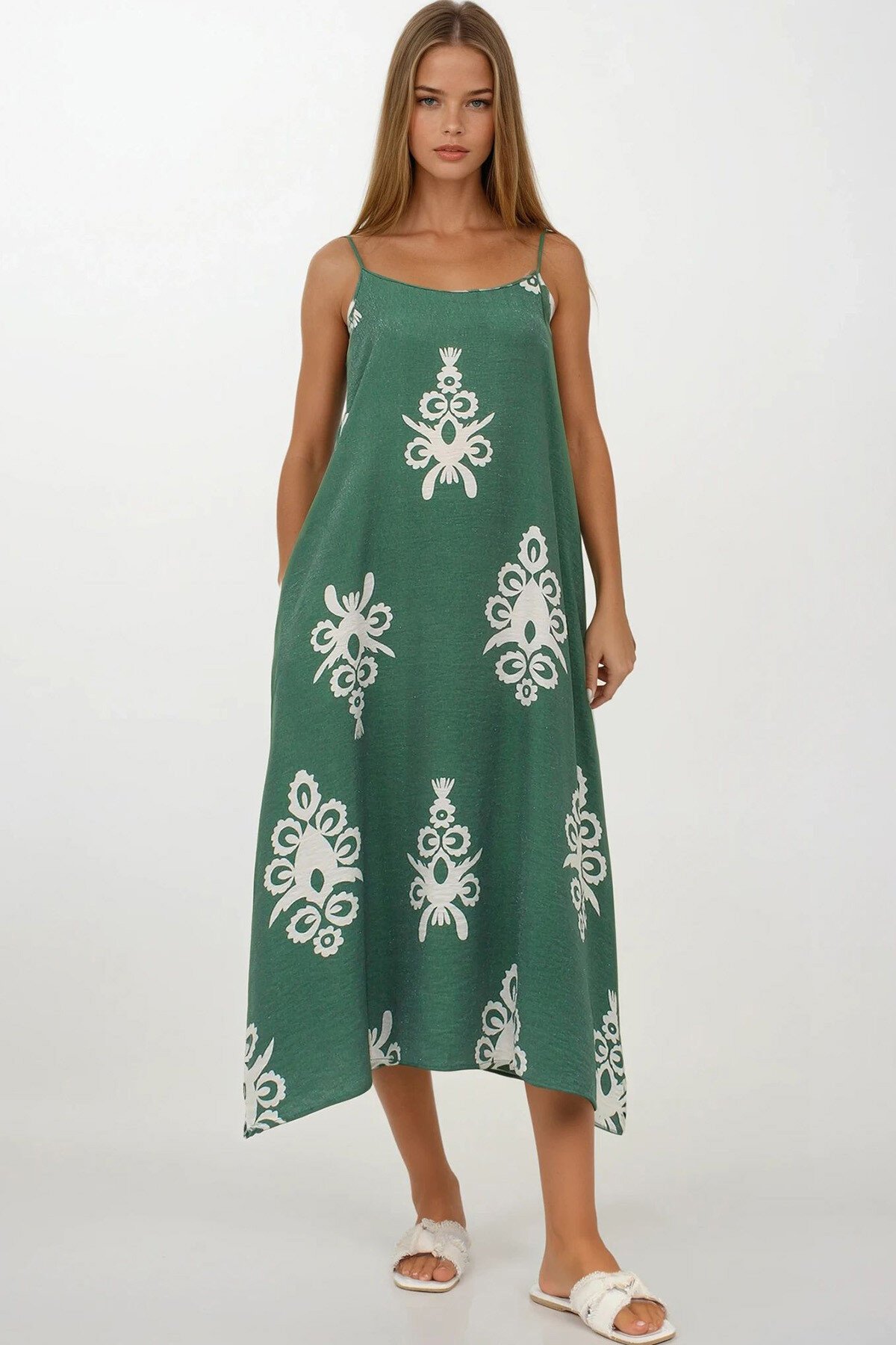 Haki Ayarlanabilir Askılı Desenli Çift Cepli Midi Boy Keten Elbise