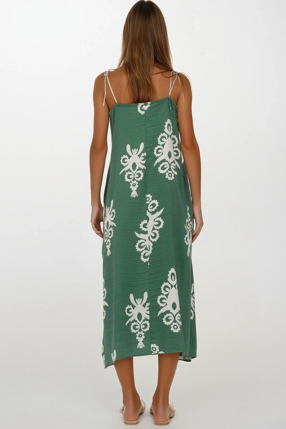 Haki Ayarlanabilir Askılı Desenli Çift Cepli Midi Boy Keten Elbise