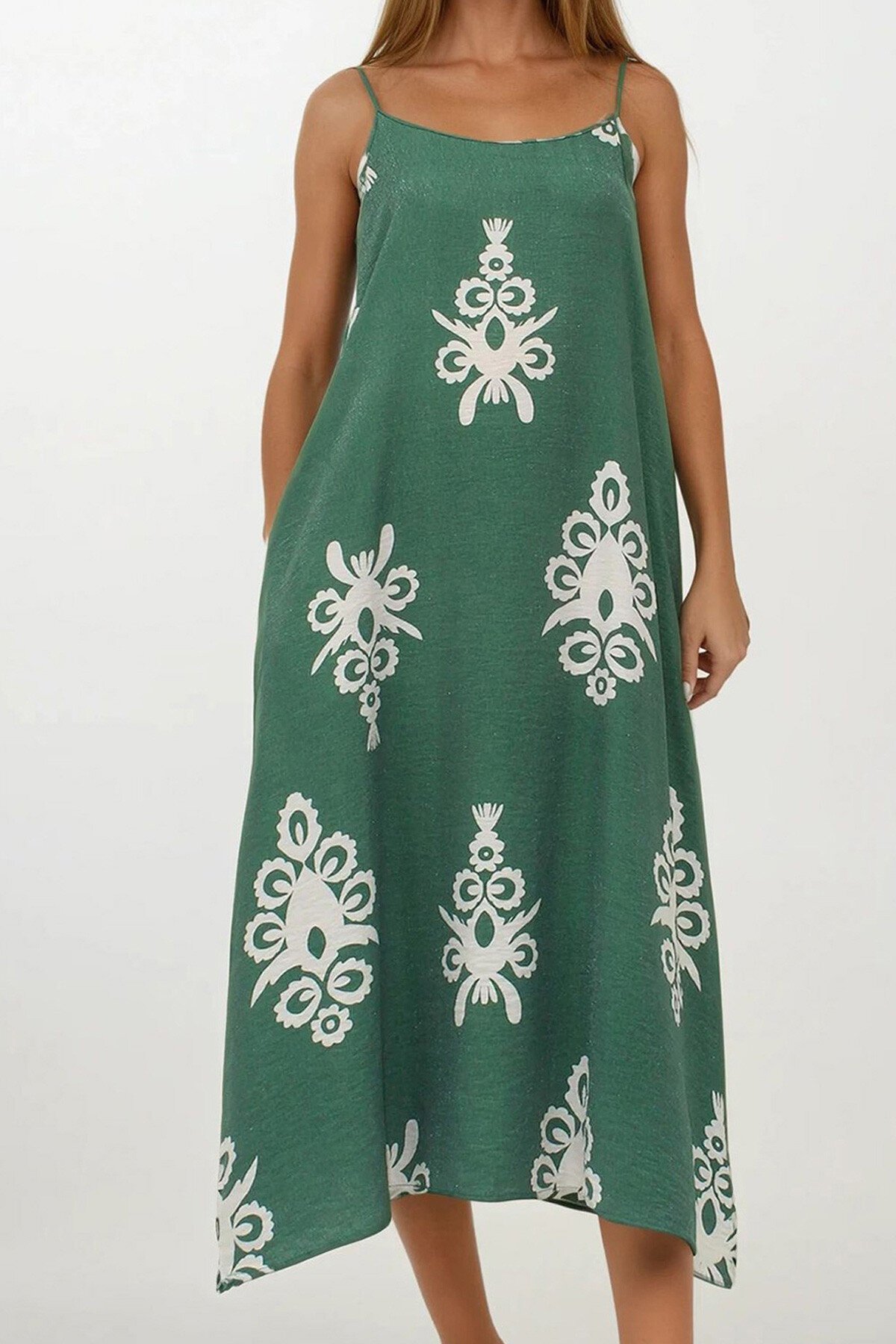 Haki Ayarlanabilir Askılı Desenli Çift Cepli Midi Boy Keten Elbise