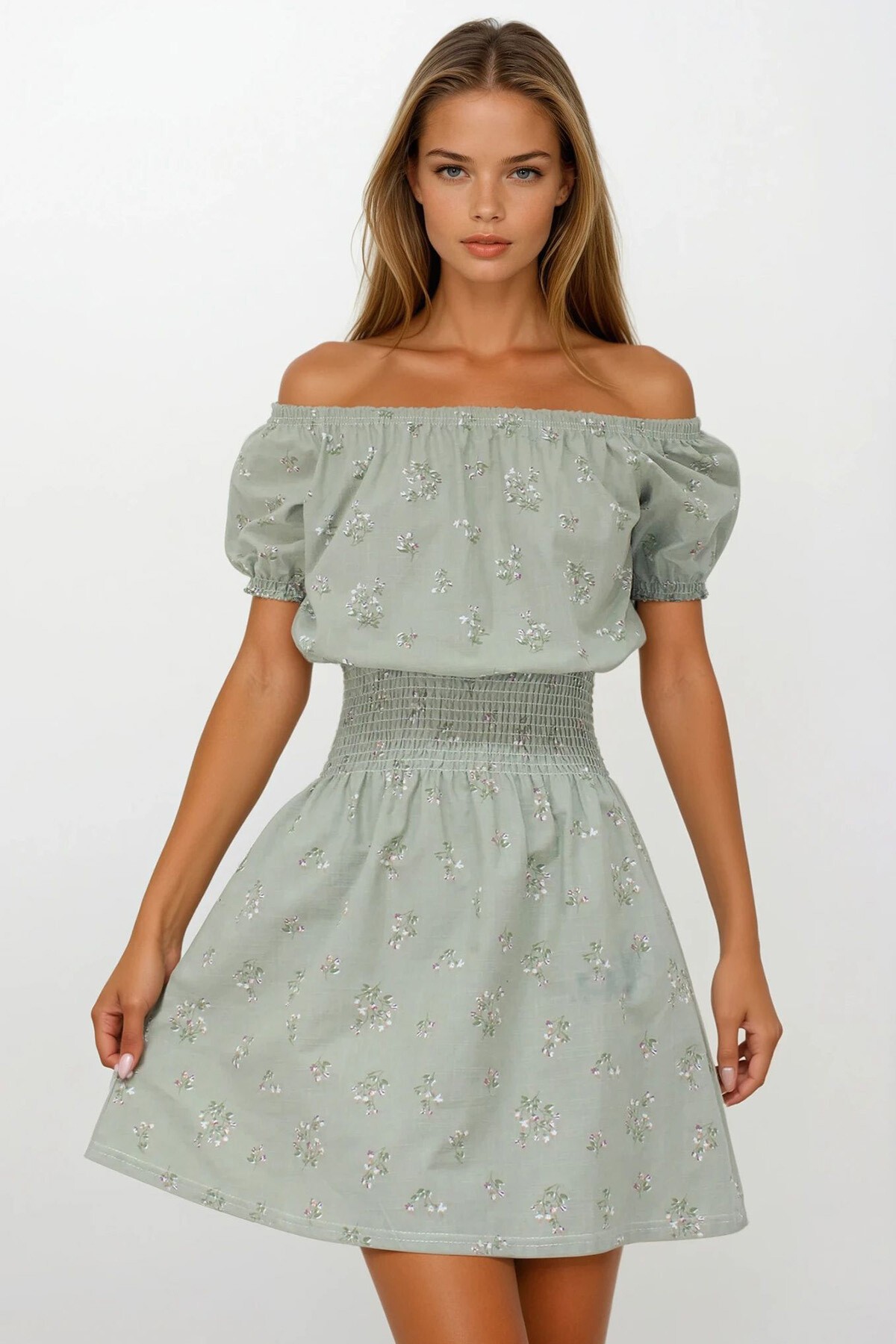 Haki Balon Kol Gipeli Keten Mini Elbise