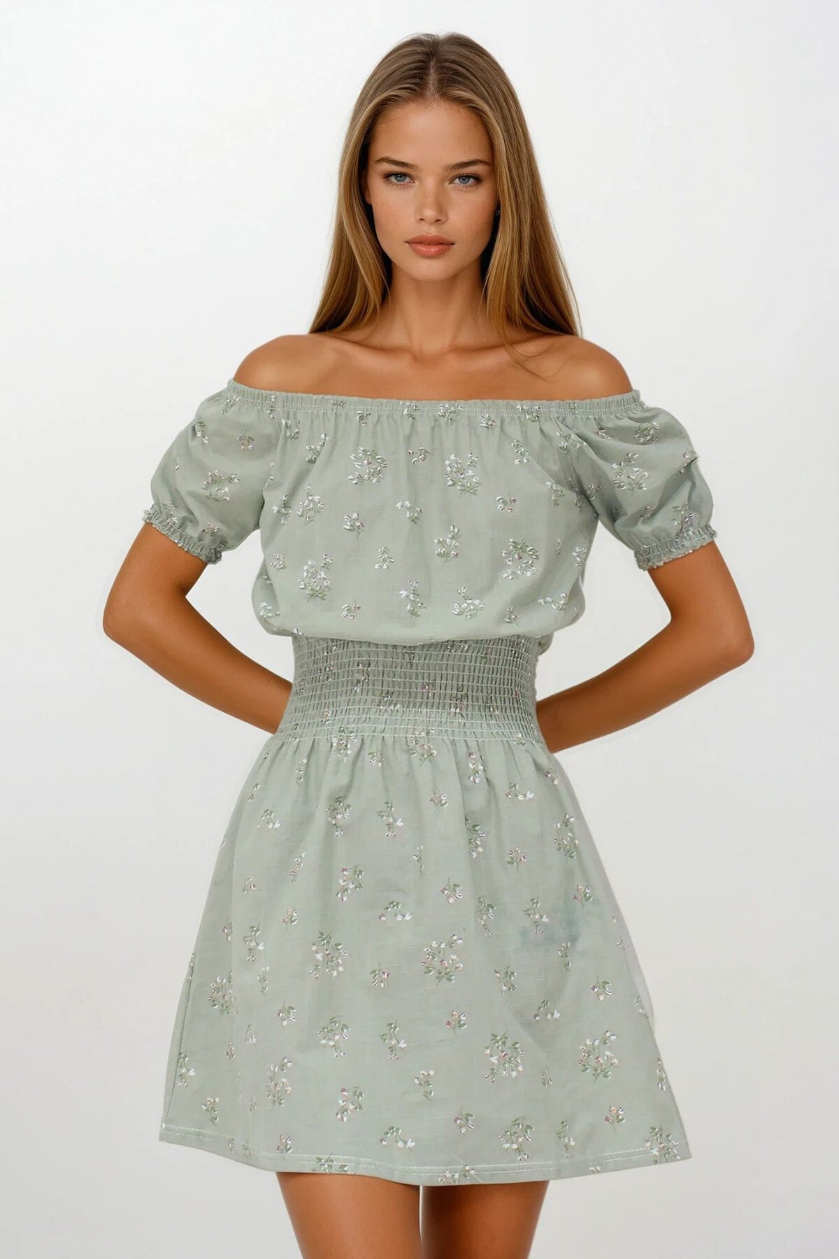 Haki Balon Kol Gipeli Keten Mini Elbise