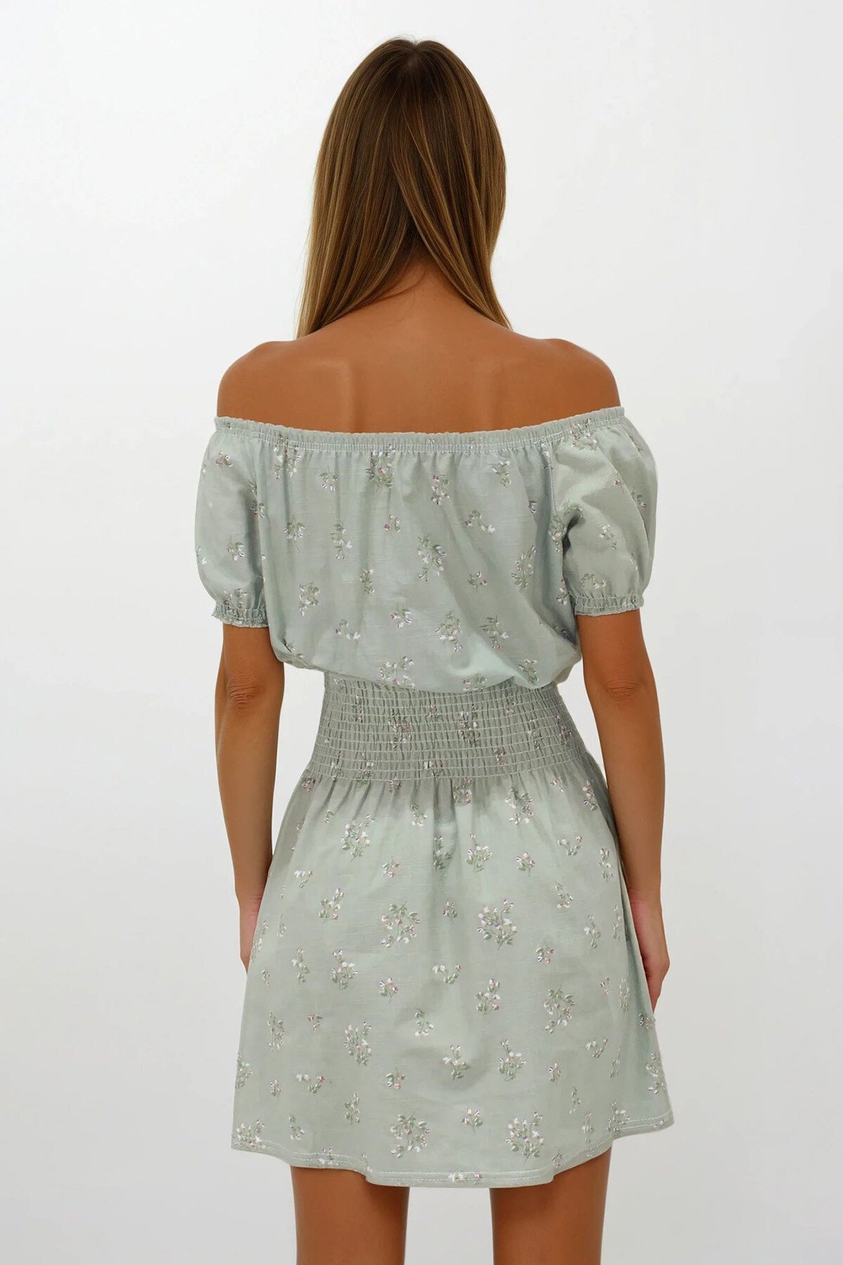 Haki Balon Kol Gipeli Keten Mini Elbise