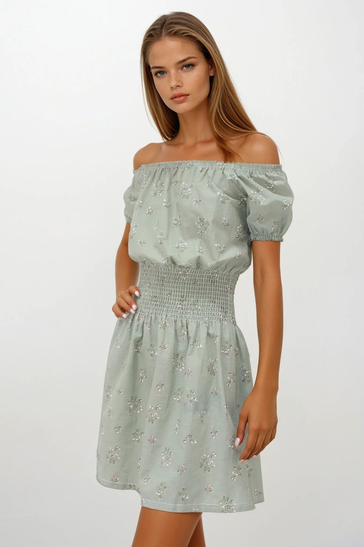 Haki Balon Kol Gipeli Keten Mini Elbise