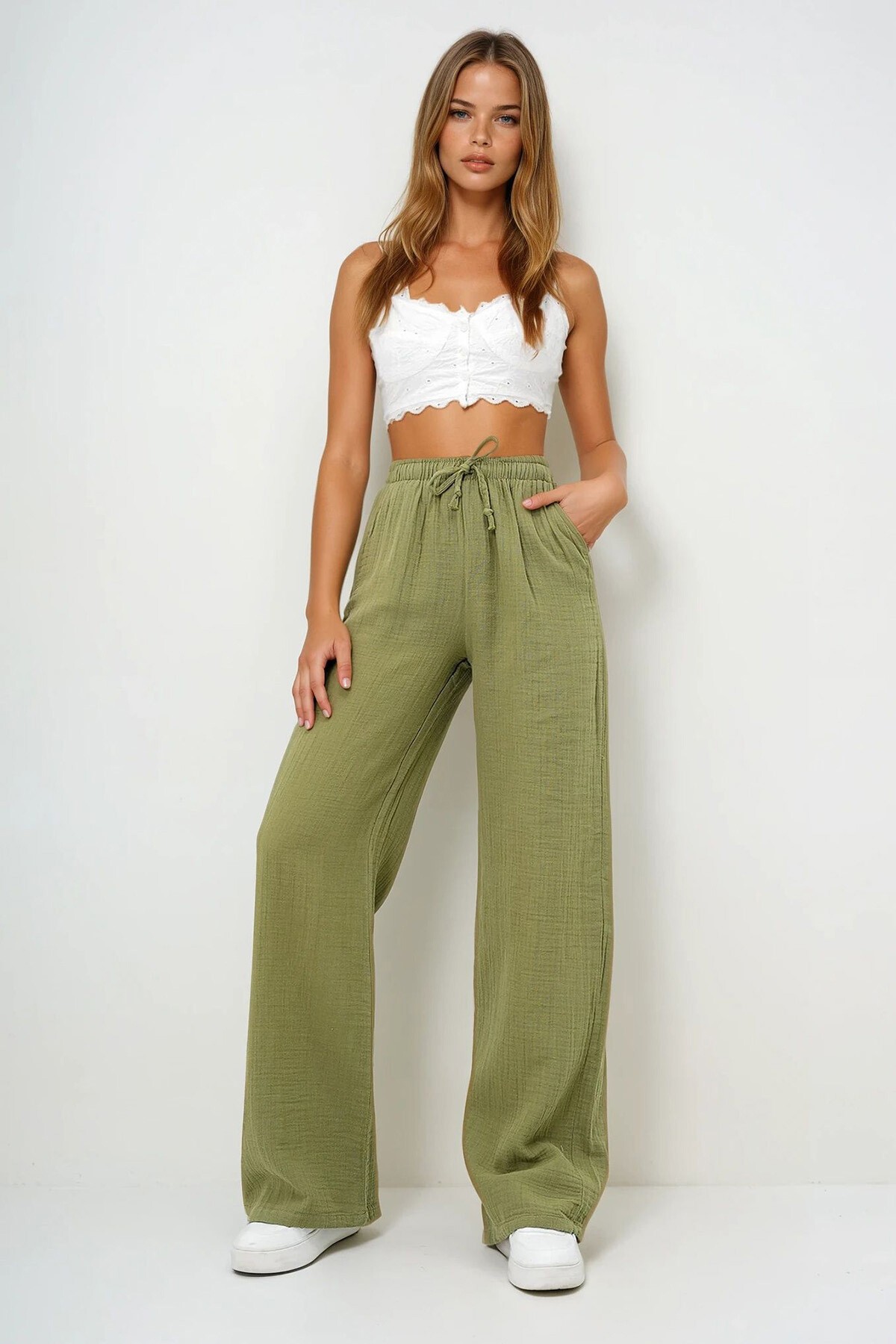 Haki Çift Cepli Beli Lastikli Müslin Keten Pantolon