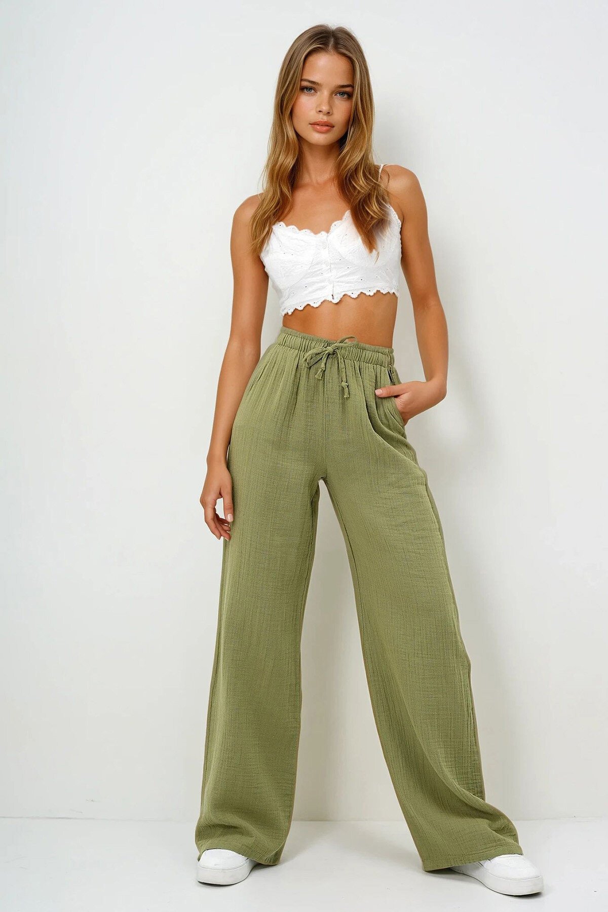 Haki Çift Cepli Beli Lastikli Müslin Keten Pantolon