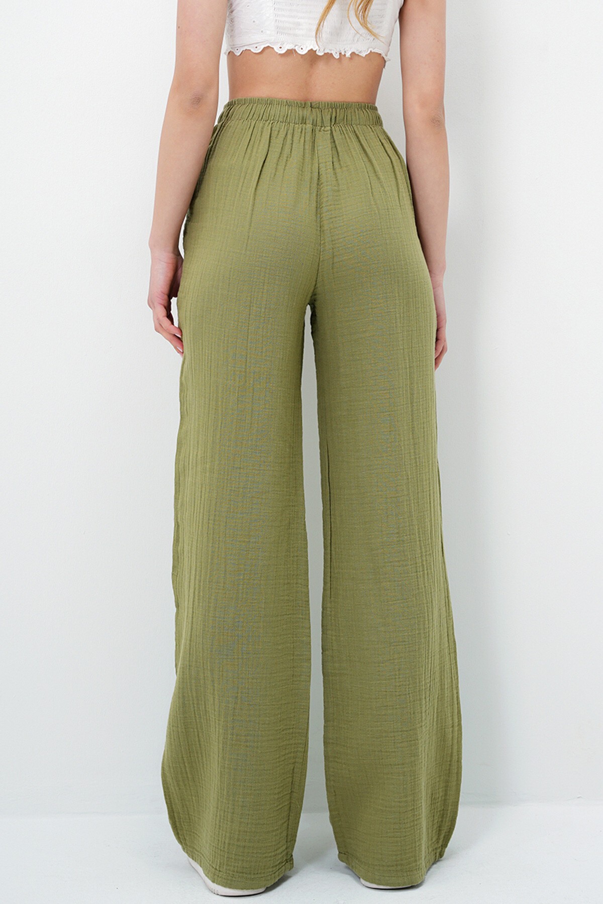 Haki Çift Cepli Beli Lastikli Müslin Keten Pantolon