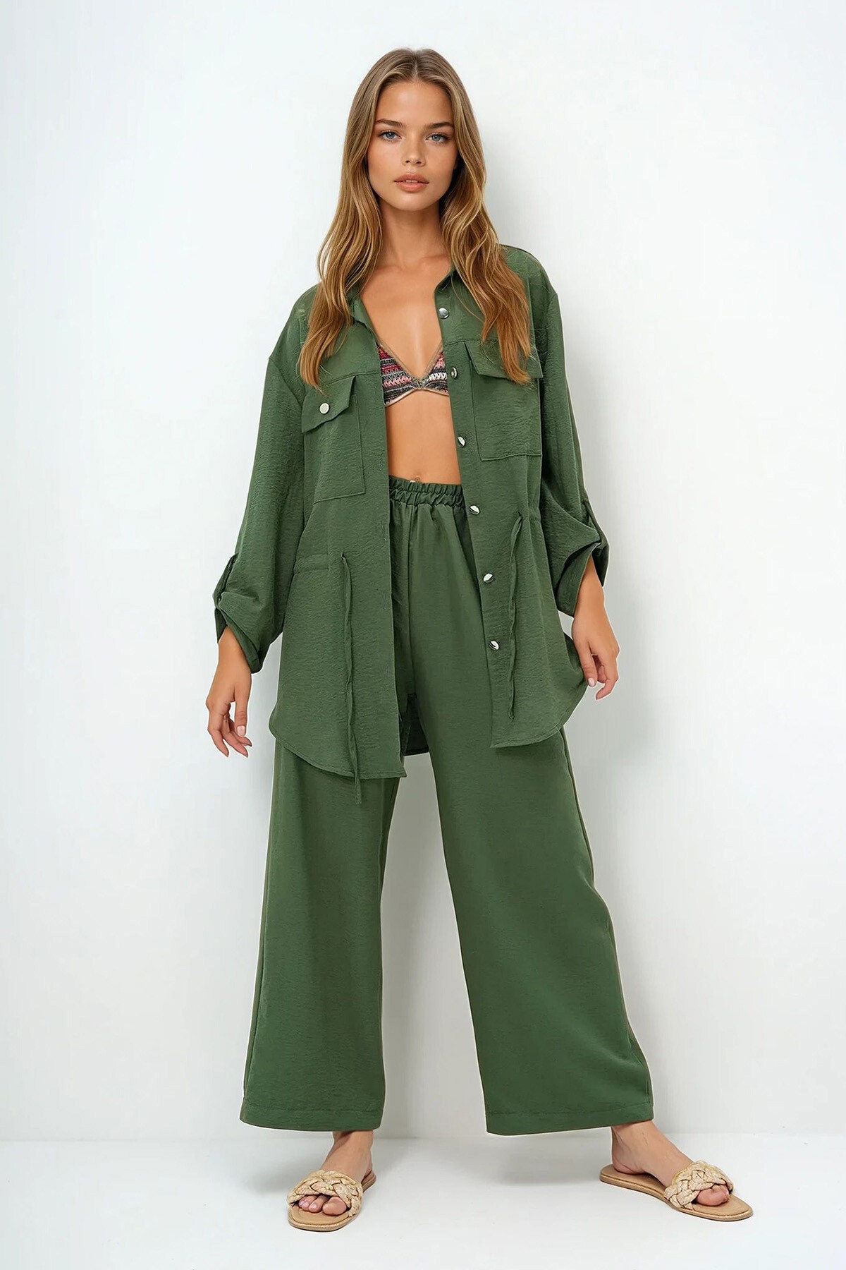 Haki Çift Cepli Safari Ceket Ve Beli Lastikli Wide Leg Aerobin Pantolonlu Takım