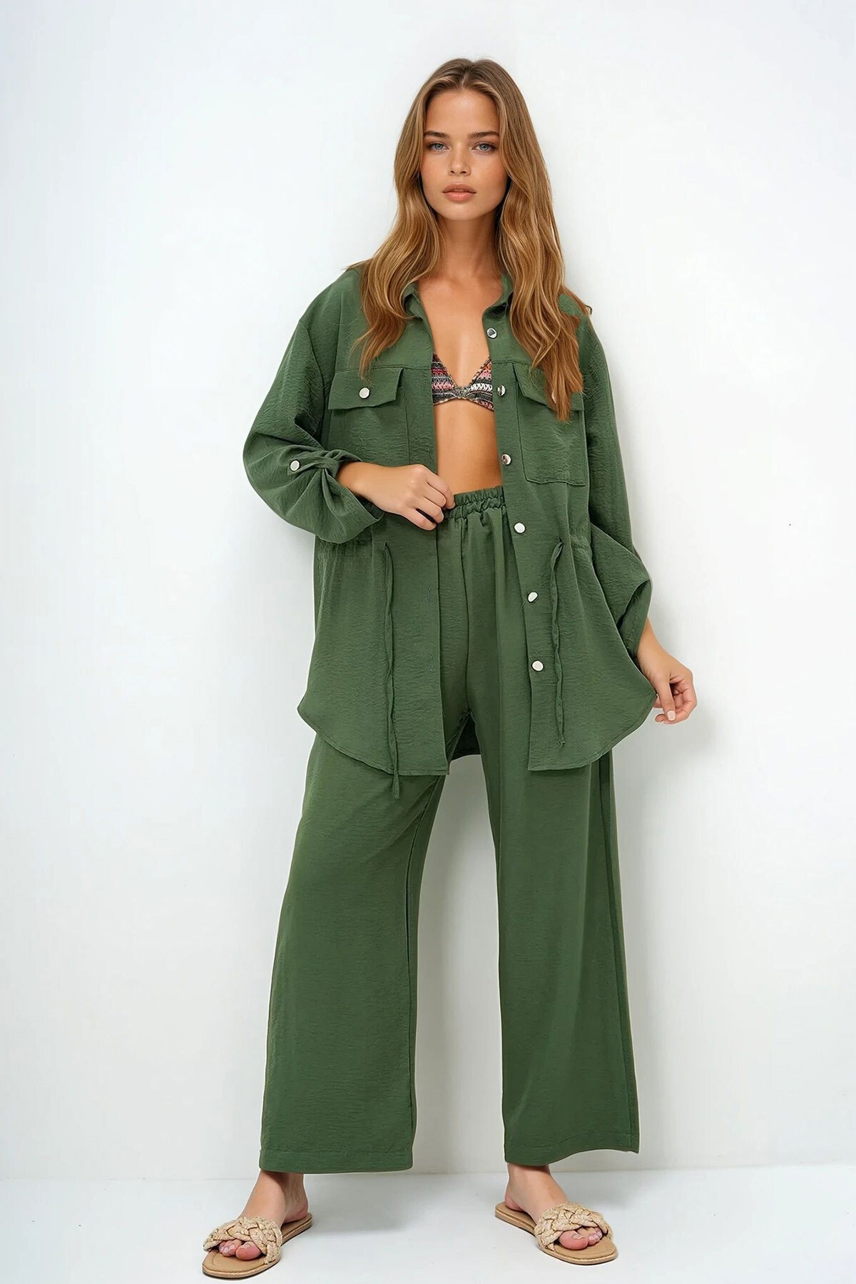 Haki Çift Cepli Safari Ceket Ve Beli Lastikli Wide Leg Aerobin Pantolonlu Takım