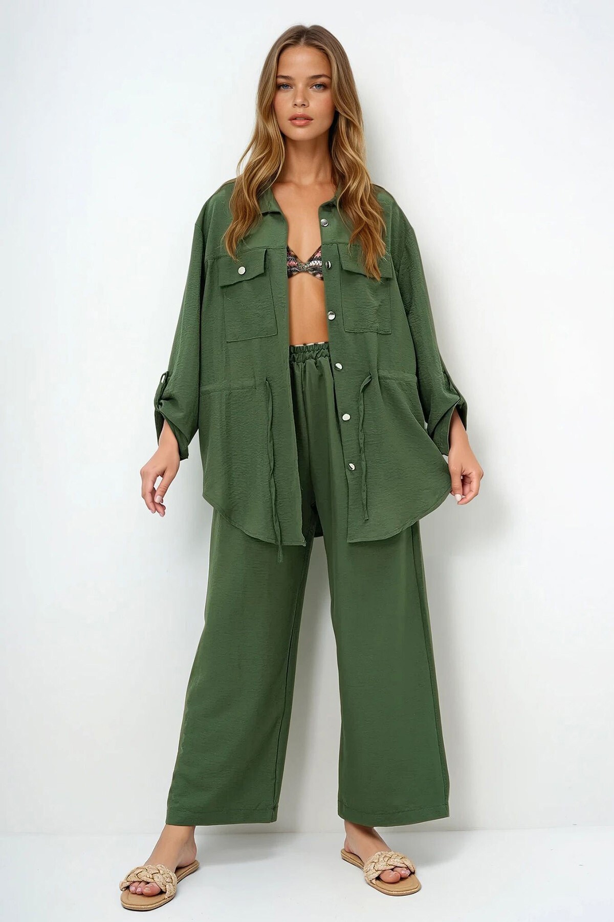 Haki Çift Cepli Safari Ceket Ve Beli Lastikli Wide Leg Aerobin Pantolonlu Takım