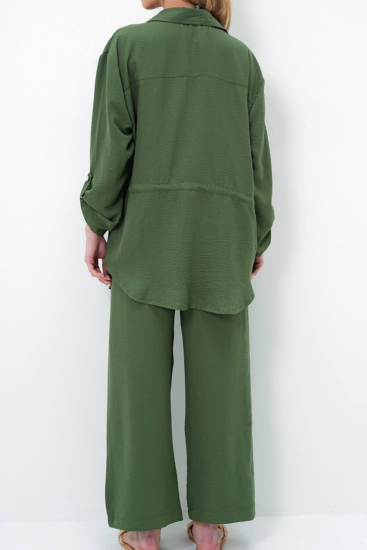 Haki Çift Cepli Safari Ceket Ve Beli Lastikli Wide Leg Aerobin Pantolonlu Takım