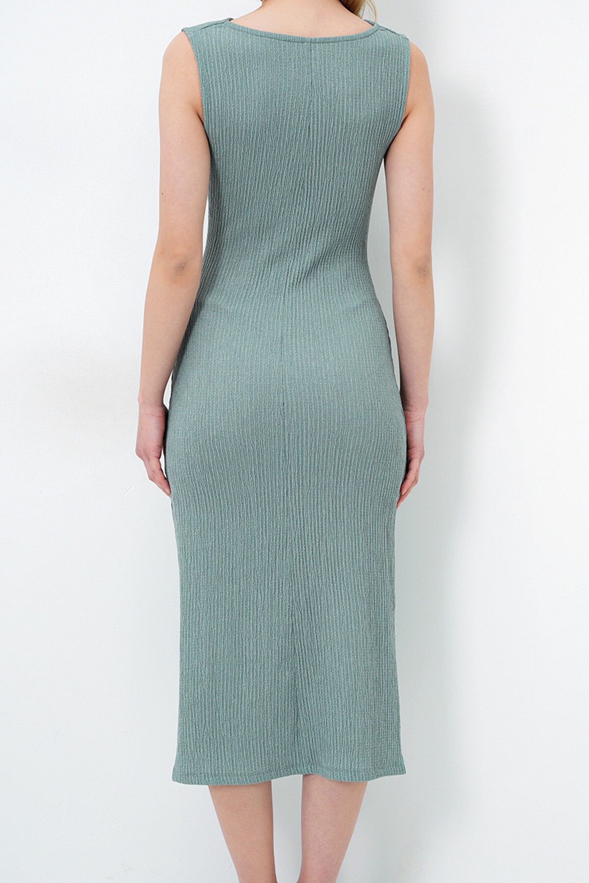 Haki Degaje Yaka Bürümcük  Kumaş Kolsuz Yazlık Elbise