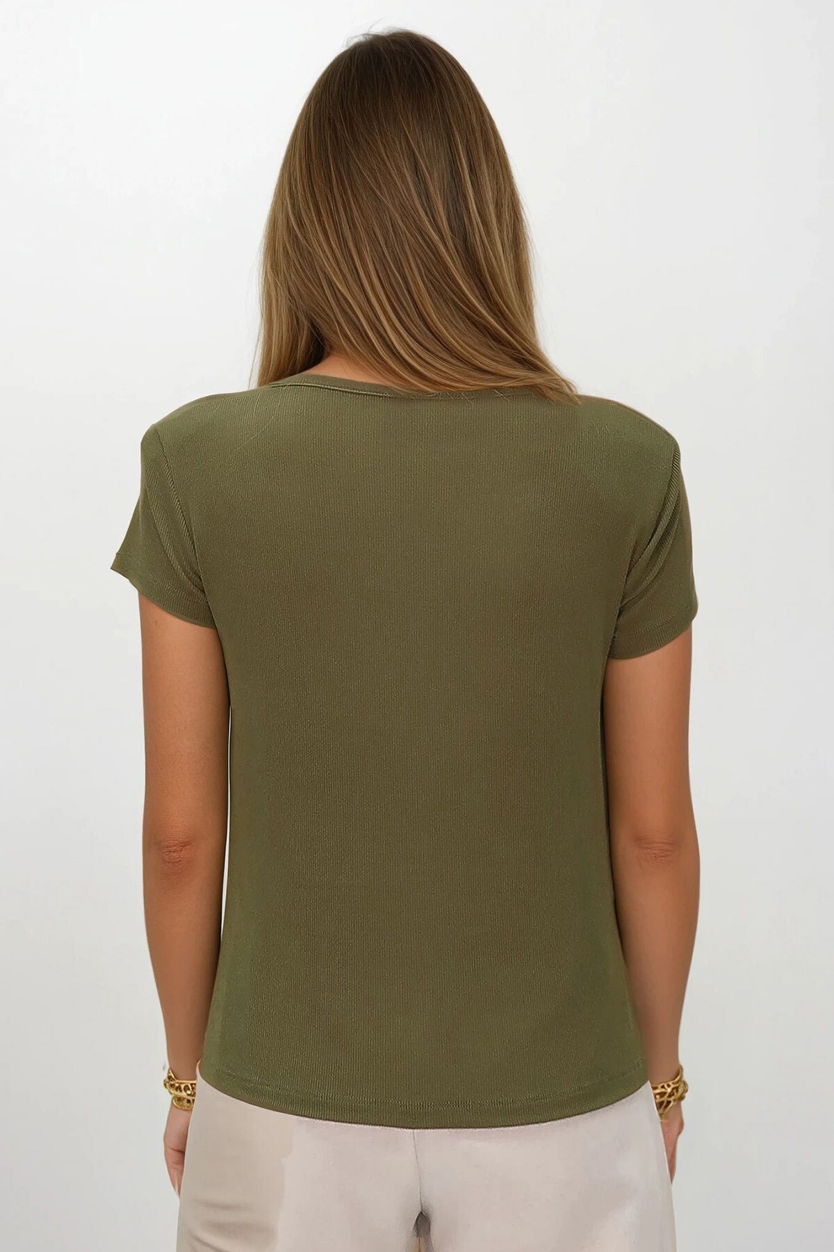 Haki Degaje Yaka Dökümlü Vatkalı Örme Bluz