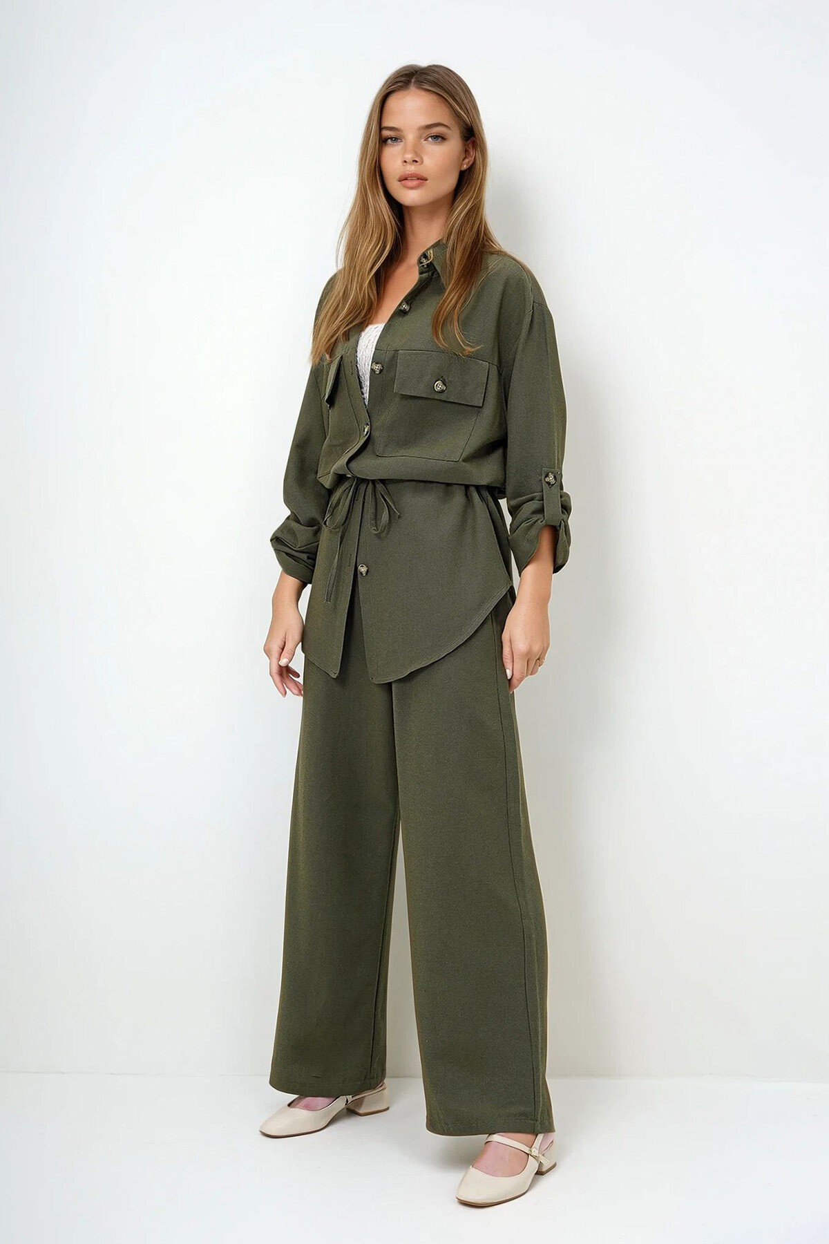 Haki Gömlek Yaka Çift Cepli Bağlamalı Keten Safari Ceket Ve Pantolon Takım