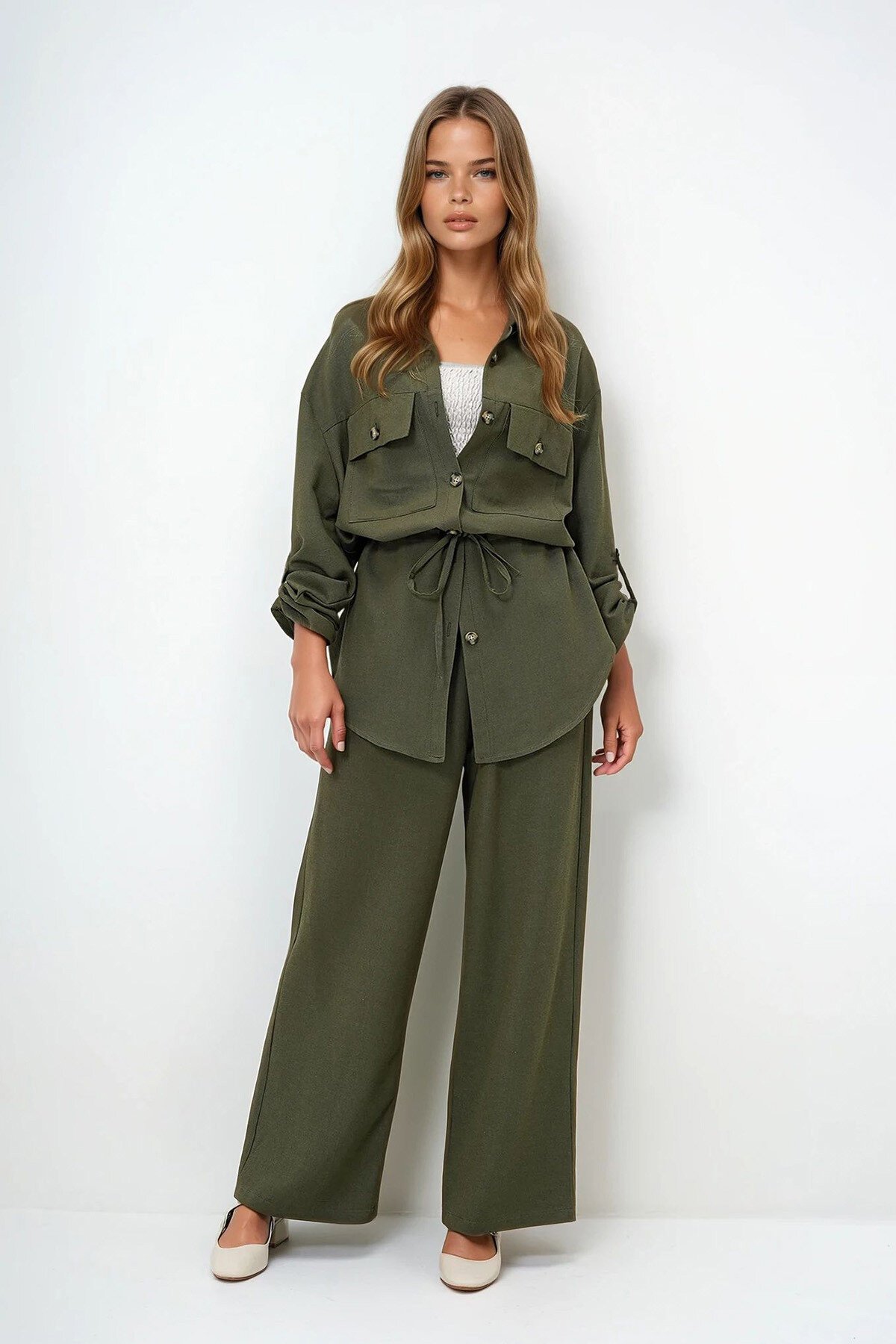 Haki Gömlek Yaka Çift Cepli Bağlamalı Keten Safari Ceket Ve Pantolon Takım