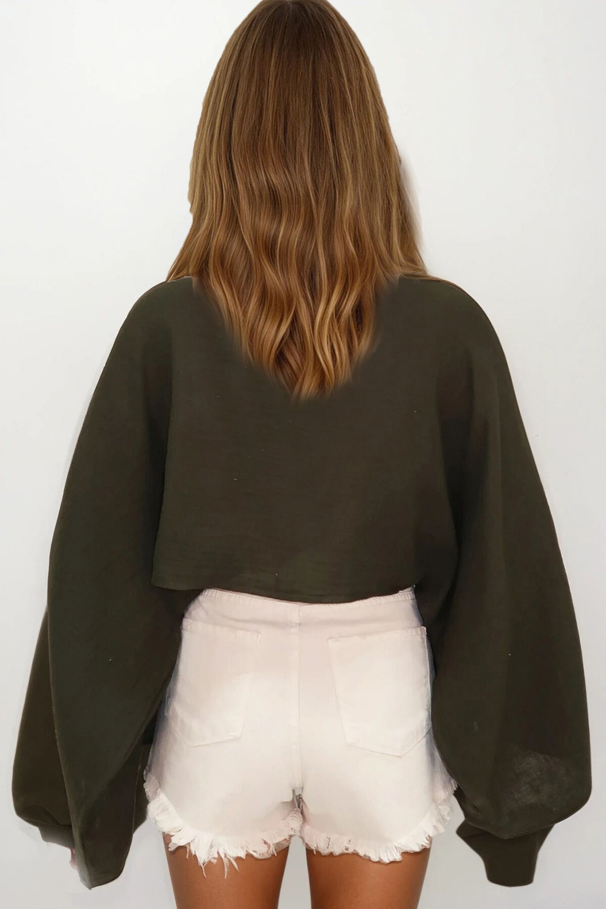 Haki Kayık Yaka Yarsa Kollu Crop Müslin Bluz