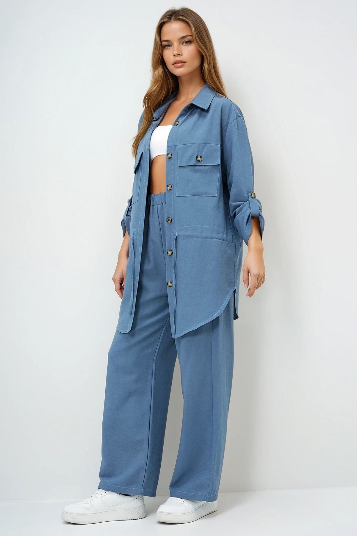 Havacı Mavi Gömlek Yaka Çift Cepli Bağlamalı Keten Safari Ceket Ve Pantolon Takım