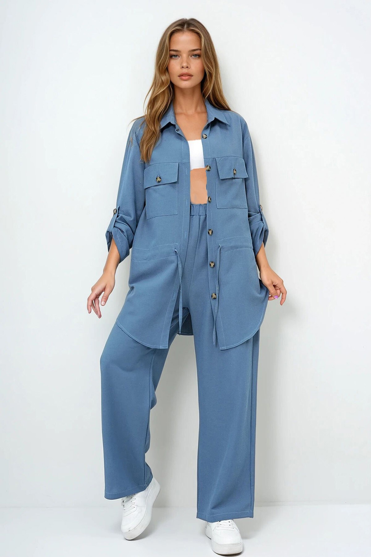 Havacı Mavi Gömlek Yaka Çift Cepli Bağlamalı Keten Safari Ceket Ve Pantolon Takım