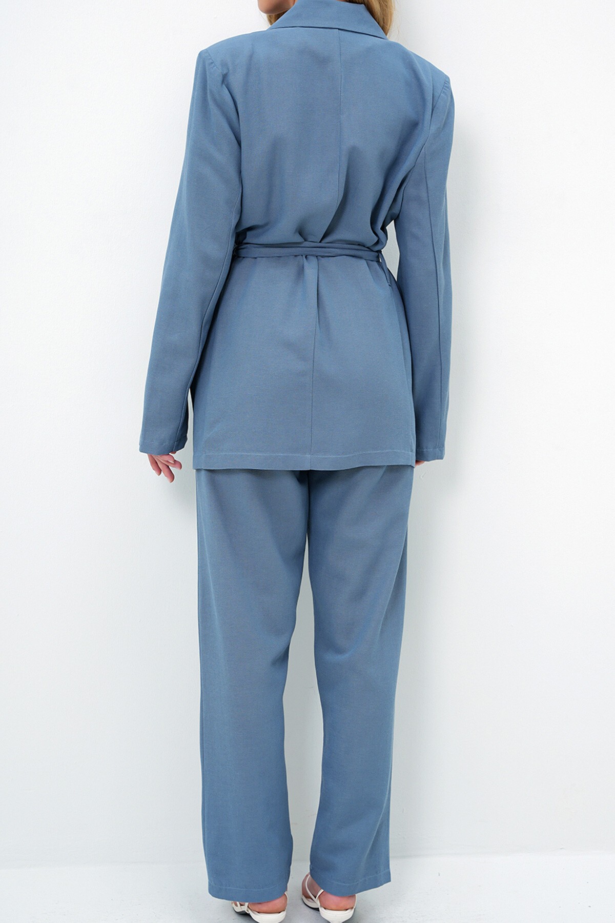 Havacı Mavi Kuşak Detaylı Keten Ceket Ve Çift Cepli Pantolon Takım