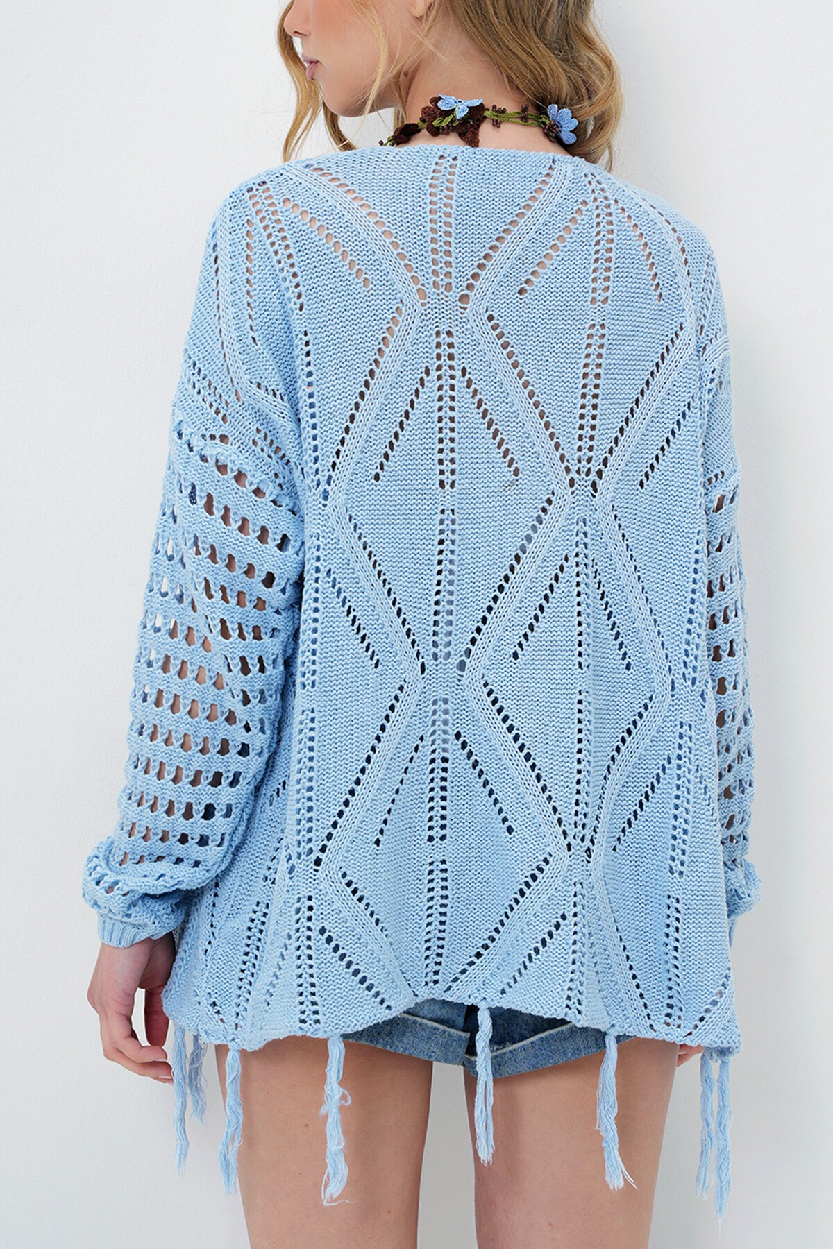 Havacı Mavi Sırtı Kelebek Motifli Eteği Püsküllü Etnik Kroşe Hırka