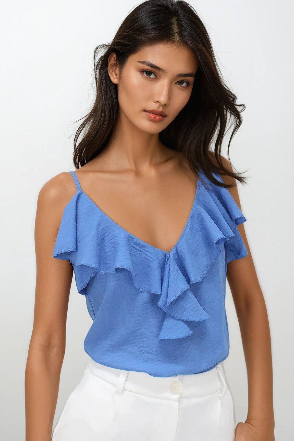 İndigo Mavi Ayarlanabilir Askılı Önü Fırfırlı Aerobin Bluz