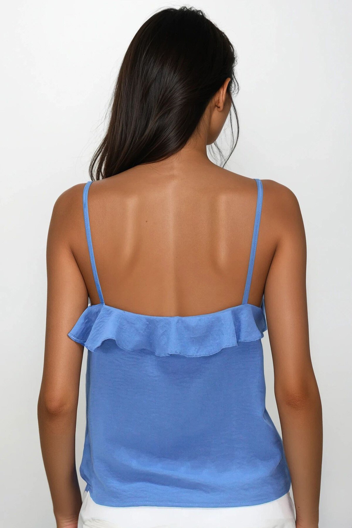 İndigo Mavi Ayarlanabilir Askılı Önü Fırfırlı Aerobin Bluz