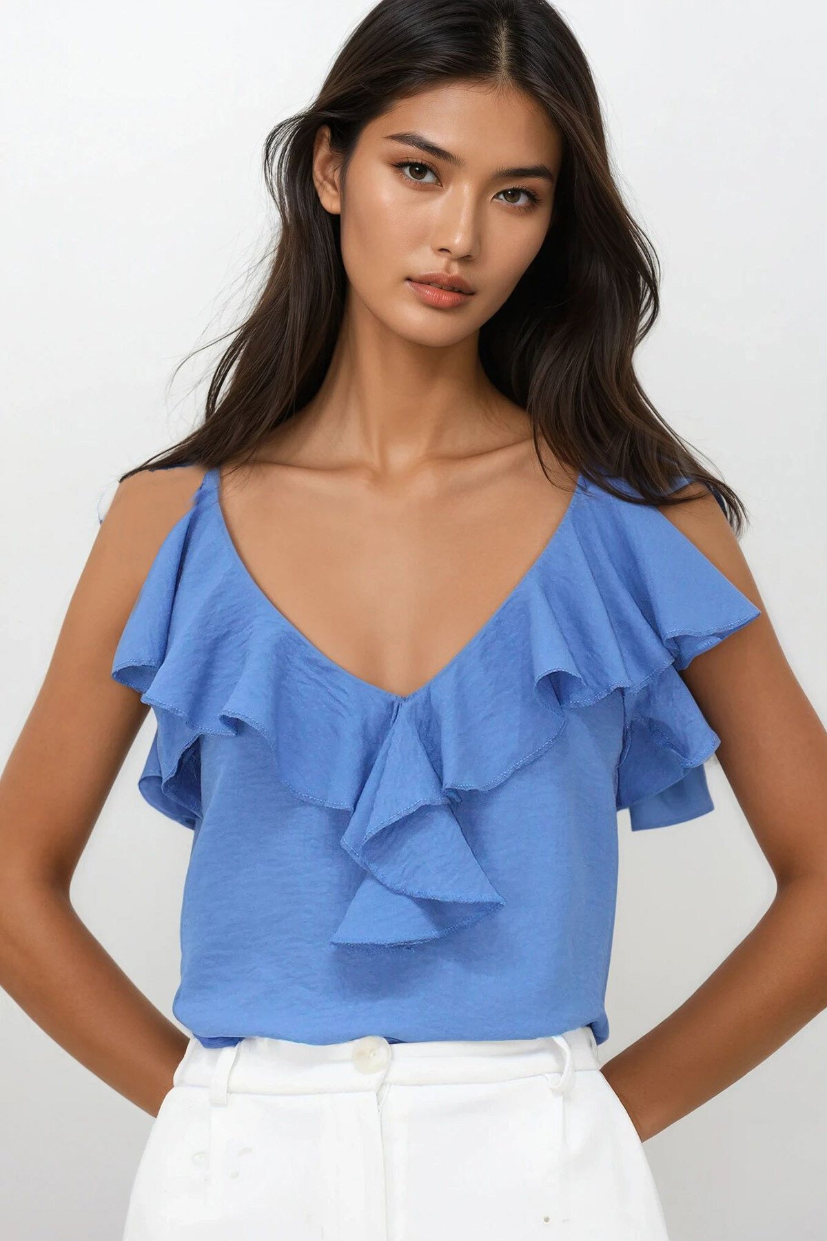 İndigo Mavi Ayarlanabilir Askılı Önü Fırfırlı Aerobin Bluz