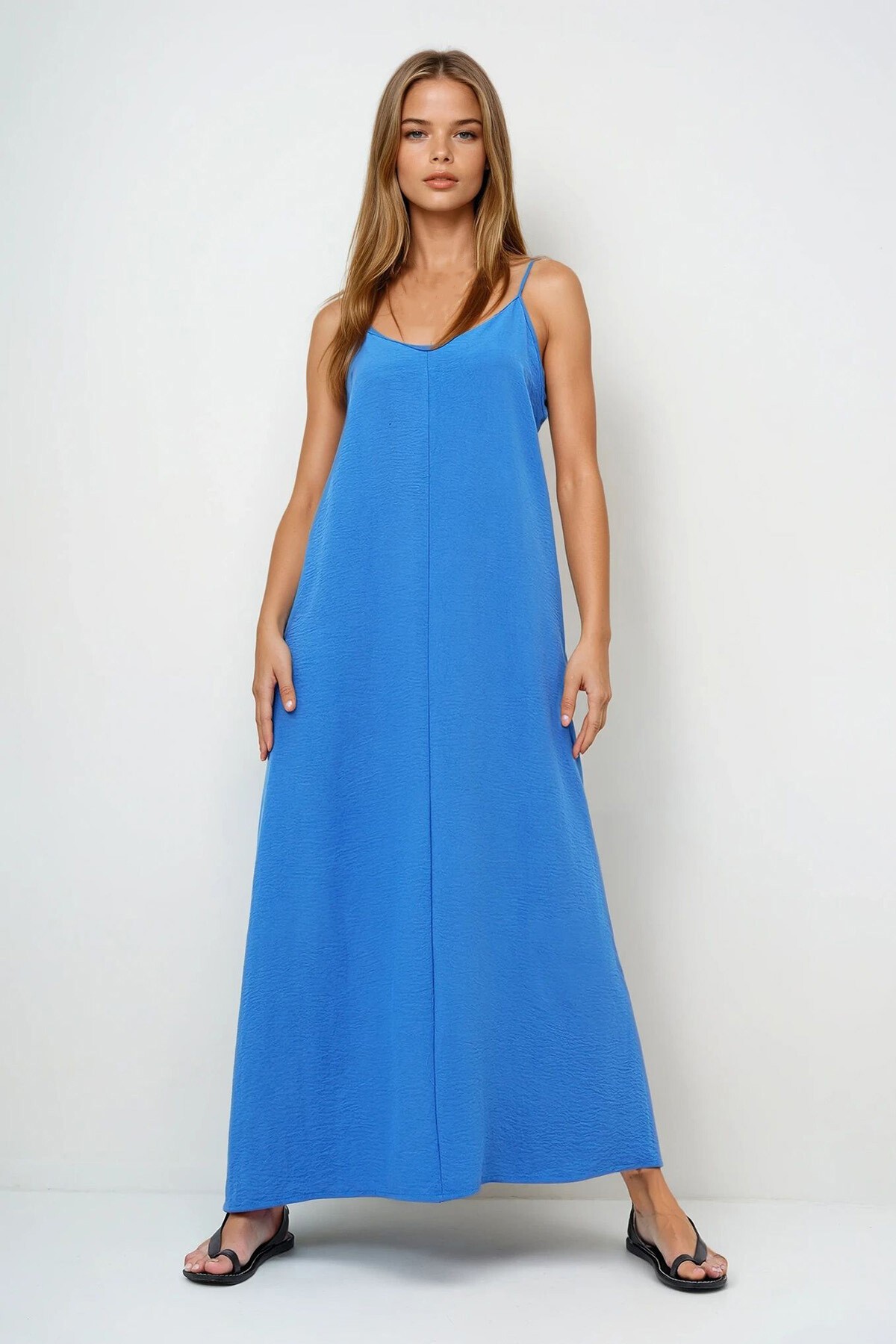 İndigo Mavi Ayarlanabilir Askılı V Yaka Aerobin Yazlık Elbise
