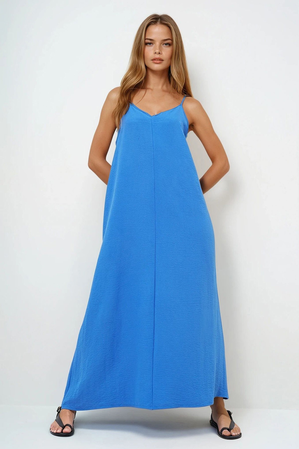İndigo Mavi Ayarlanabilir Askılı V Yaka Aerobin Yazlık Elbise