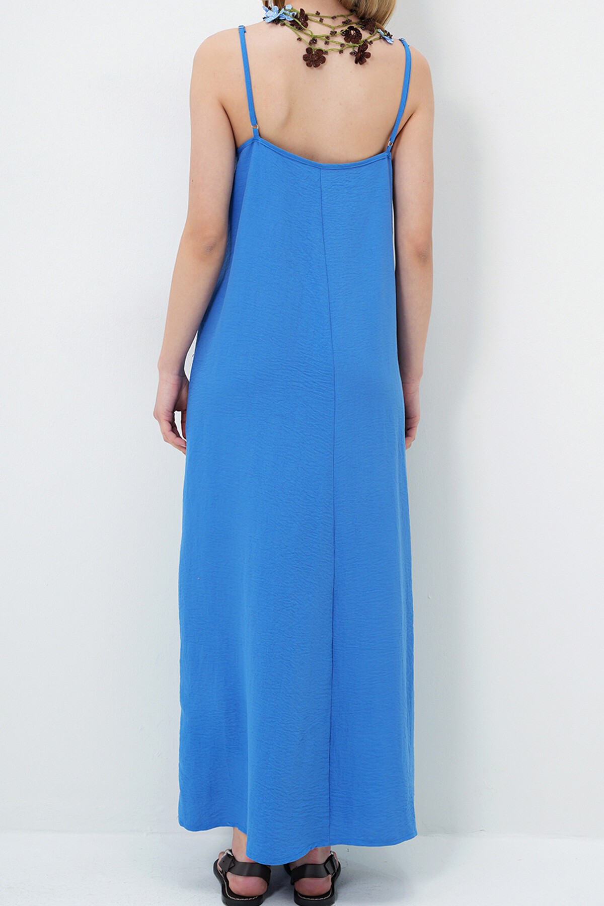 İndigo Mavi Ayarlanabilir Askılı V Yaka Aerobin Yazlık Elbise