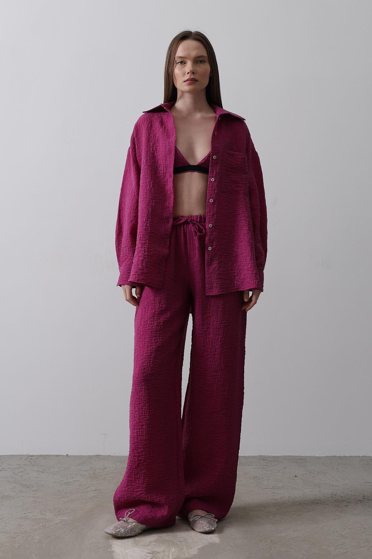 Mor Cepli Gömlek Ve Büstiyer Beli Lastikli Pantolon Jakarlı 3Lü Takım