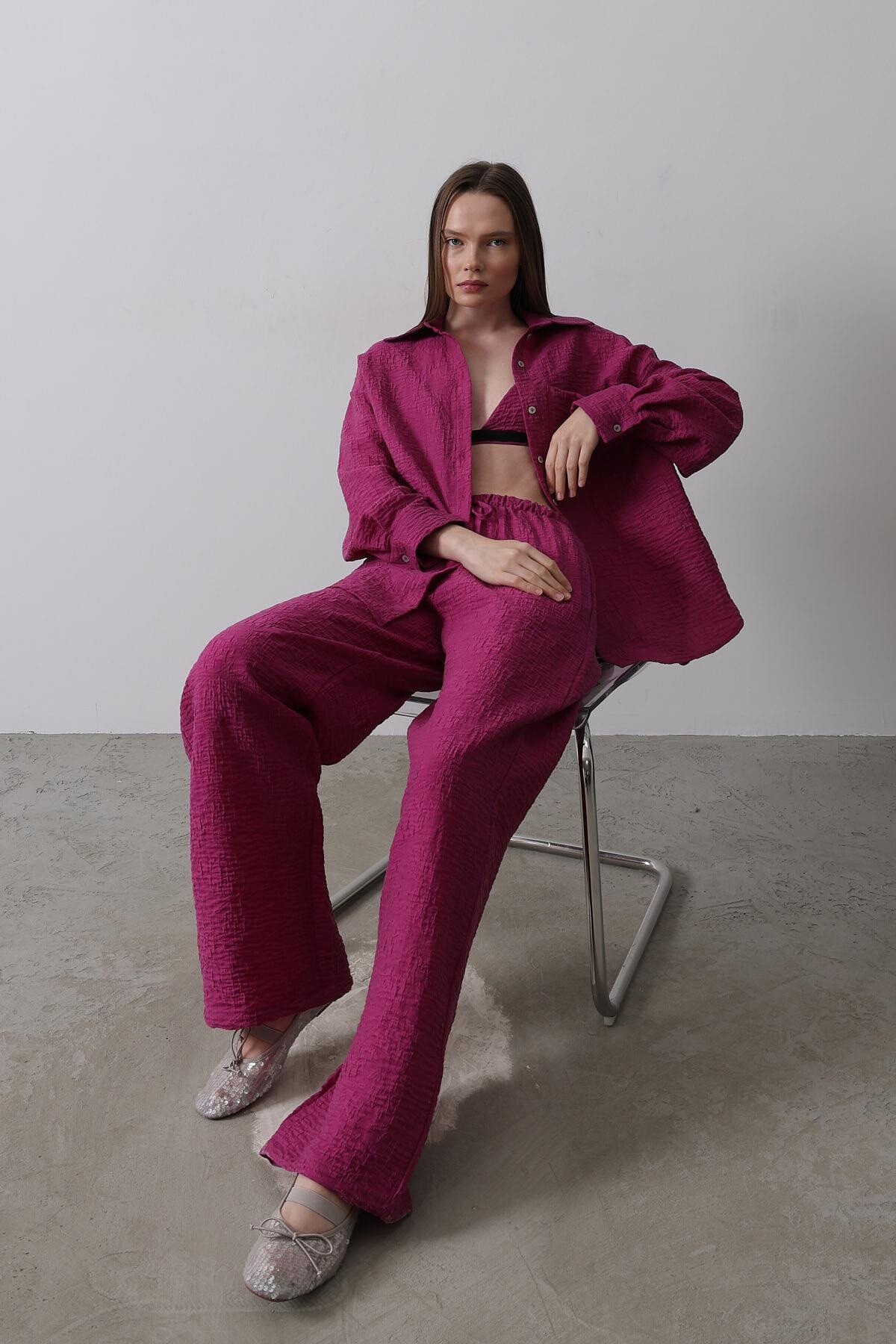 Mor Cepli Gömlek Ve Büstiyer Beli Lastikli Pantolon Jakarlı 3Lü Takım