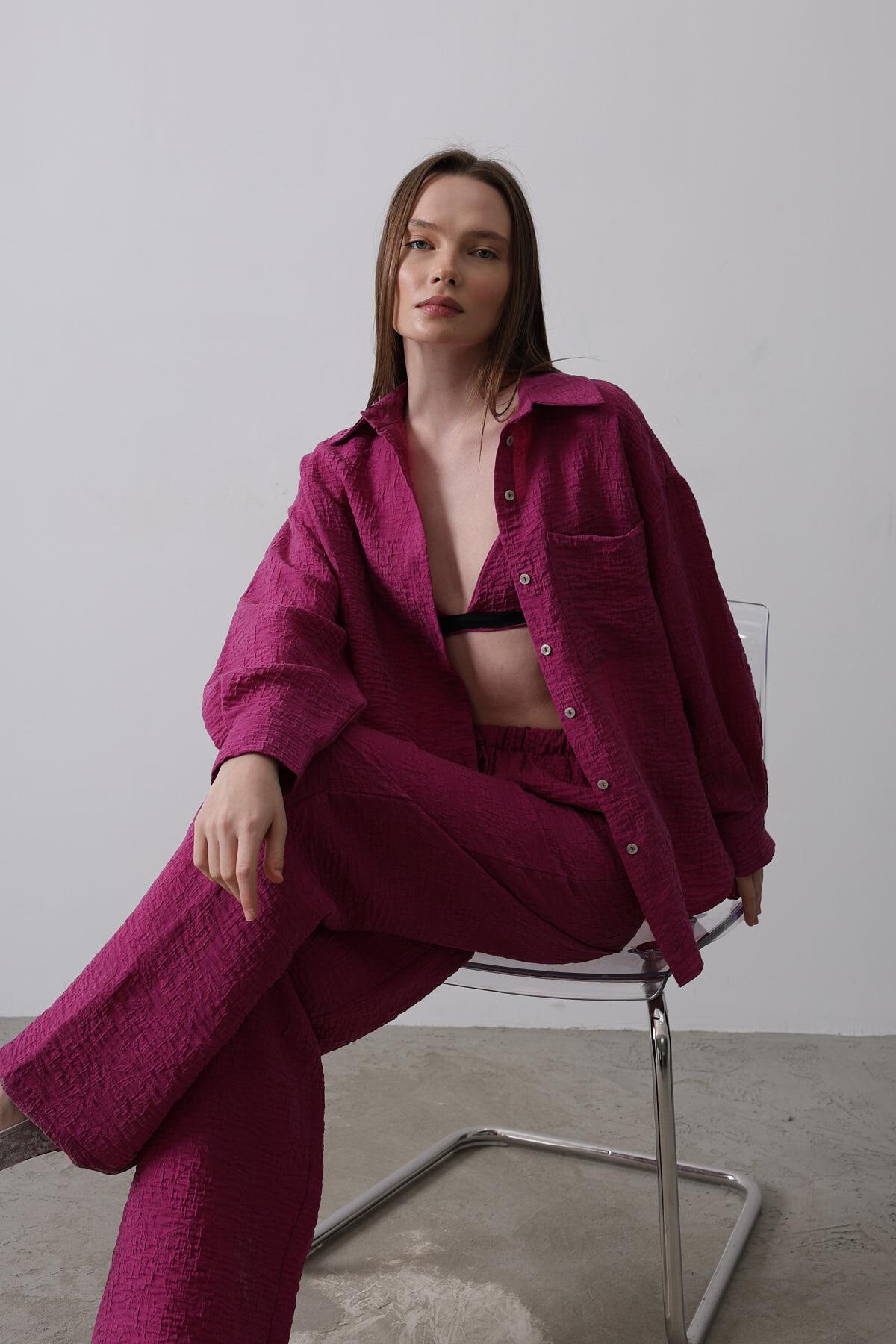 Mor Cepli Gömlek Ve Büstiyer Beli Lastikli Pantolon Jakarlı 3Lü Takım