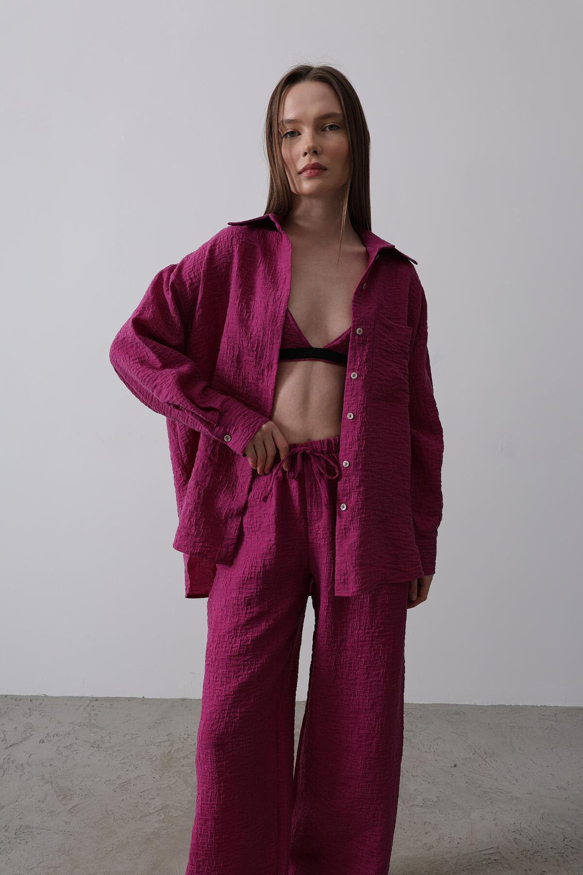 Mor Cepli Gömlek Ve Büstiyer Beli Lastikli Pantolon Jakarlı 3Lü Takım