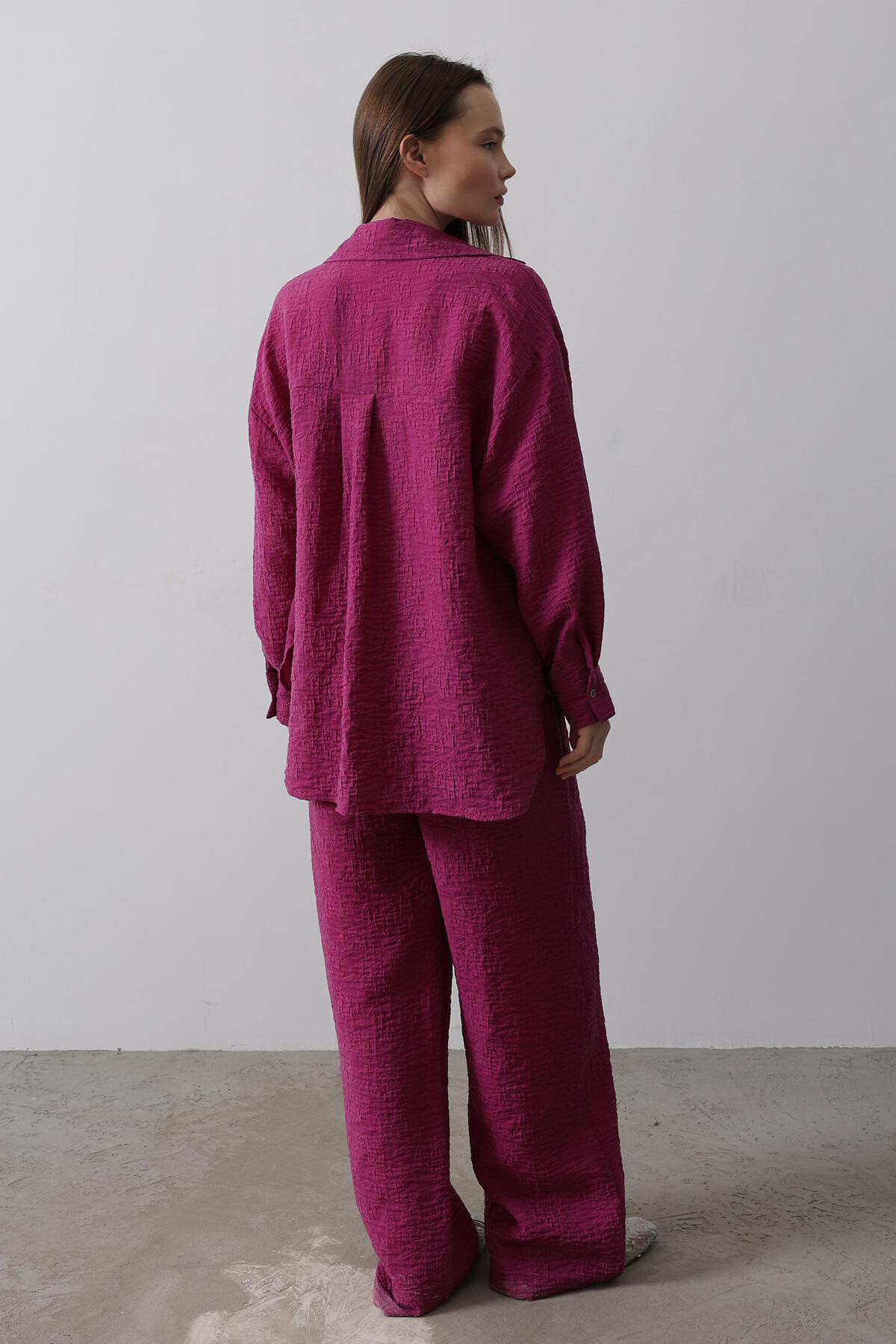 Mor Cepli Gömlek Ve Büstiyer Beli Lastikli Pantolon Jakarlı 3Lü Takım