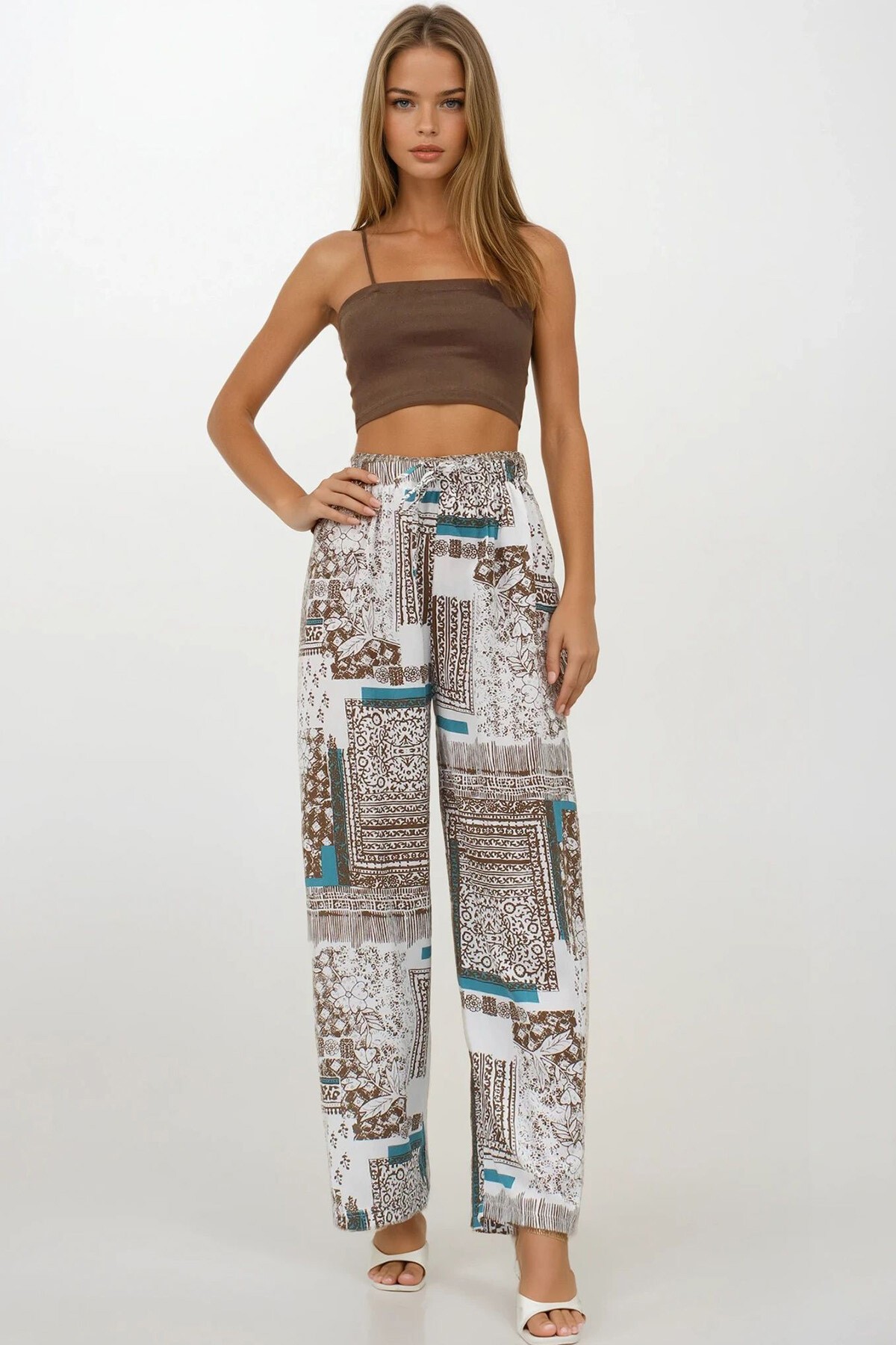 Kahverengi Beli Lastikli Keten Palazzo Desenli Pantolon
