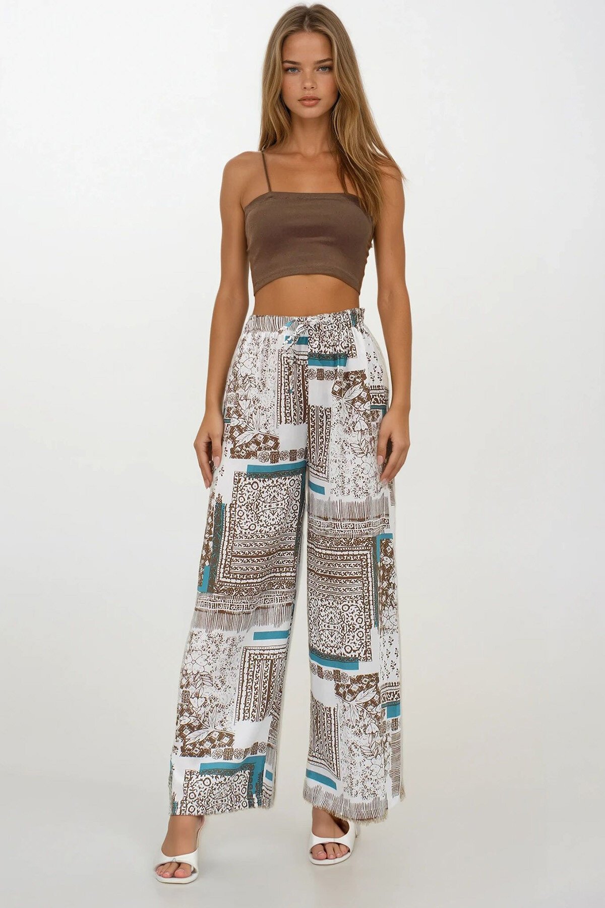 Kahverengi Beli Lastikli Keten Palazzo Desenli Pantolon